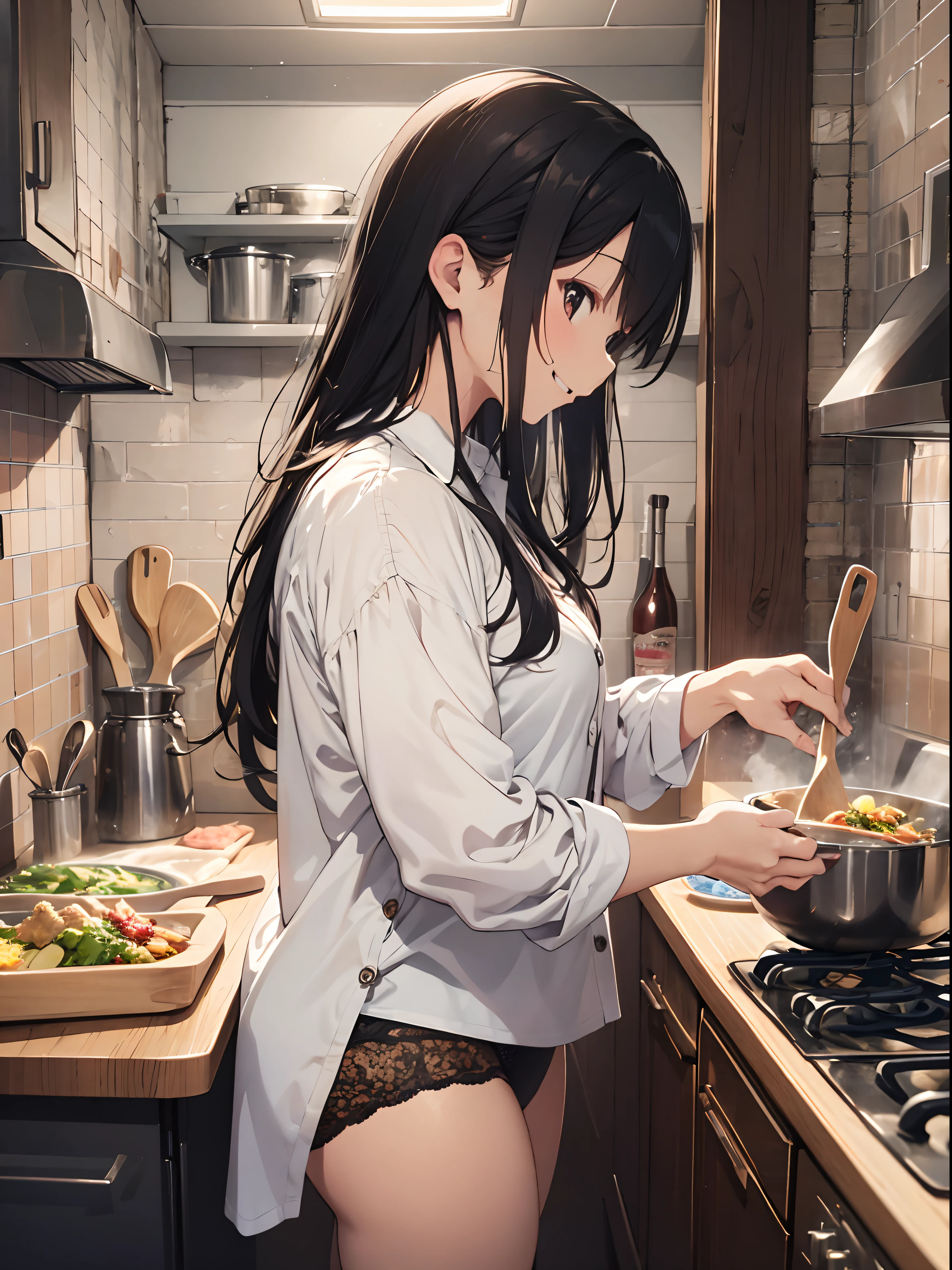 top-quality、masutepiece、8K、Warm tones, long hair, side view, wearing long mens button up shirt and panties, the background is a cozy kitchen, food is warm and cooking, Dynamic Styles, smile standing at the stove
