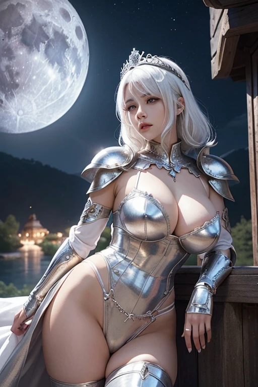 Female , white hair , Large breasts,Silver armor panty,tiara crown,dramatics , in the moon ,
