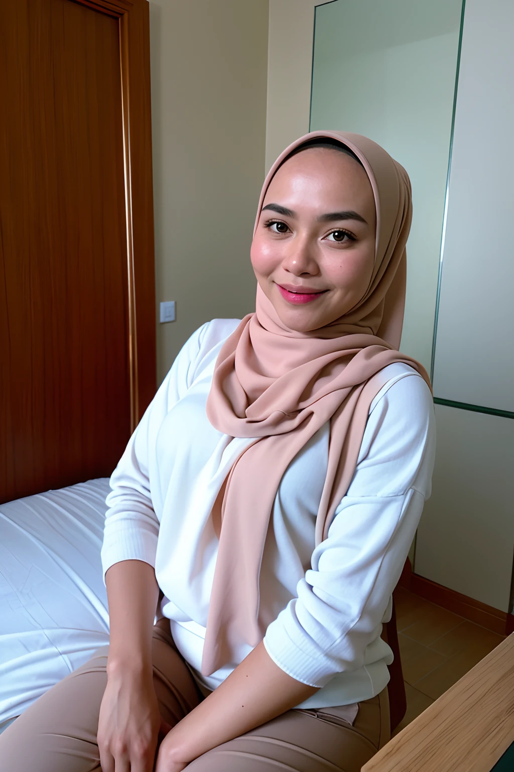 1 malay girl , modern plain cream hijab, smile, medium portrait shot , watery  eyes , wear white big oversized tshirt and cream high waist pants, white modern hotel bedroom background, bright front light, breast grab pose,