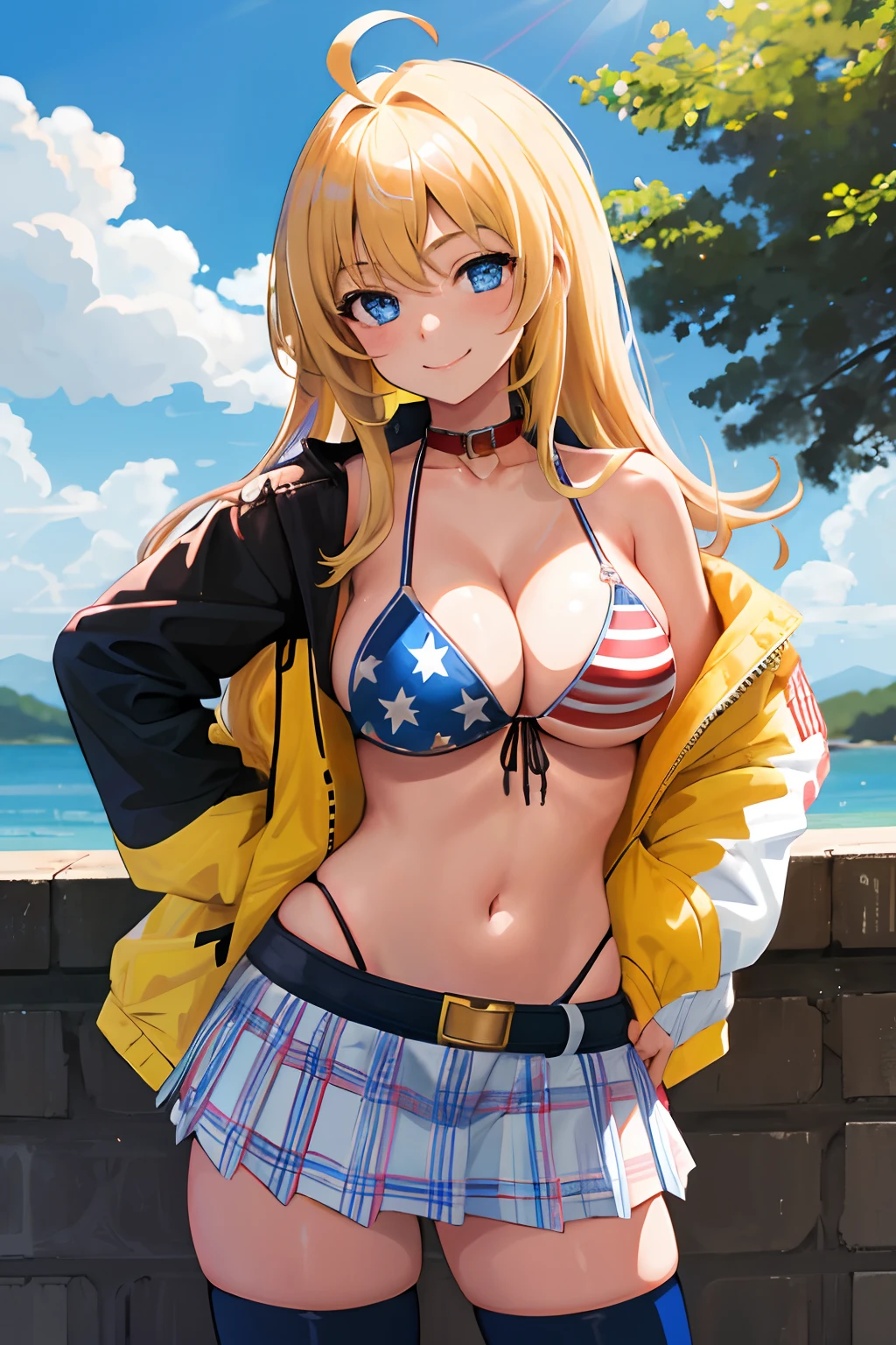 Masterpiece, 1 girl, Solo, Best quality, A high resolution, Blonde hair, ahoge, Blue eyes, american flag bikini, mini plaid skirt, Collar, bikini top only, Smile, Cowboy shot, hand on hips, Outdoors, white thighhighs, Large breasts, cleavage, Open jacket, sleeves past wrists