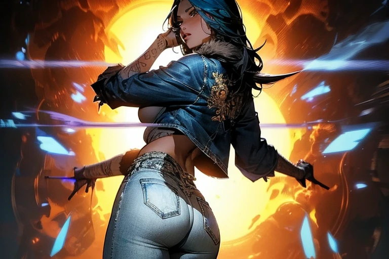 8k_wallpaper, extremely detailed eyes, extremely detailed body, (large masterpiece digital art), (detailed manga illustration), (detailed line art), ((perfect anatomy)), (intricate details:1.3), (ultra-detailed:1.3), (illustration:1.3), (sharp focus:1.3), (natural lighting:1.05), (vivid colors:1.3), (masterpiece), best quality, expressive eyes, perfect face, 1 girl, breasts, cleavage, gloves, huge breasts, casual clothes, white shirt, tee shirt, denim jacket, jacket, fur trim, detailed {{blue hair}}, medium hair, messy hair, (gray eyes), hourglass physique, black short, denim shorts, dynamic pose, huge ass, dynamic lighting,