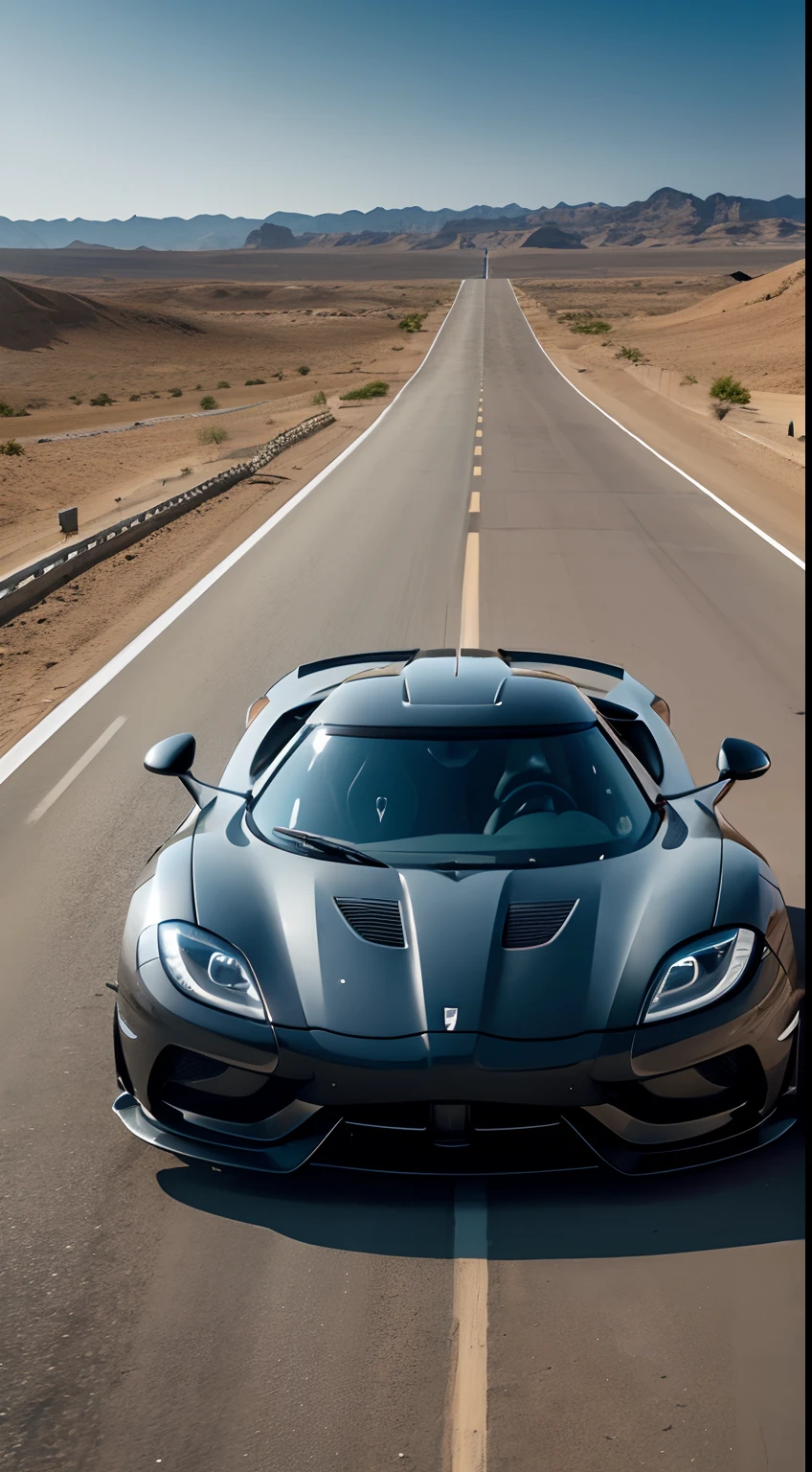 A Koenigsegg sports car，The front of the body，in a panoramic view，Distant perspective，professional photoshooting，k hd，4k，tmasterpiece，Wind（1.2），Desert Highway，Dark skies（1.5），sandstorms（1.3），Speeding