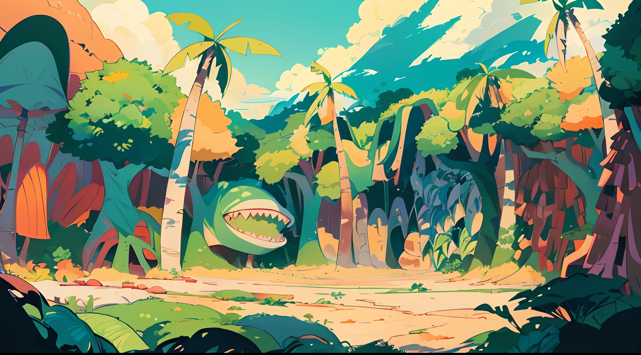 (anime style background, anime background illustration:1.3), (detailed, high quality, high resolution, masterpiece), a shady jungle with a shark-like plant and palm trees, some trees, monstera leafs, big mushrooms, big rocks under the trees, (mountain in the background), (empty sand ground in front of trees), blue sky, forest in background, jungle in background,