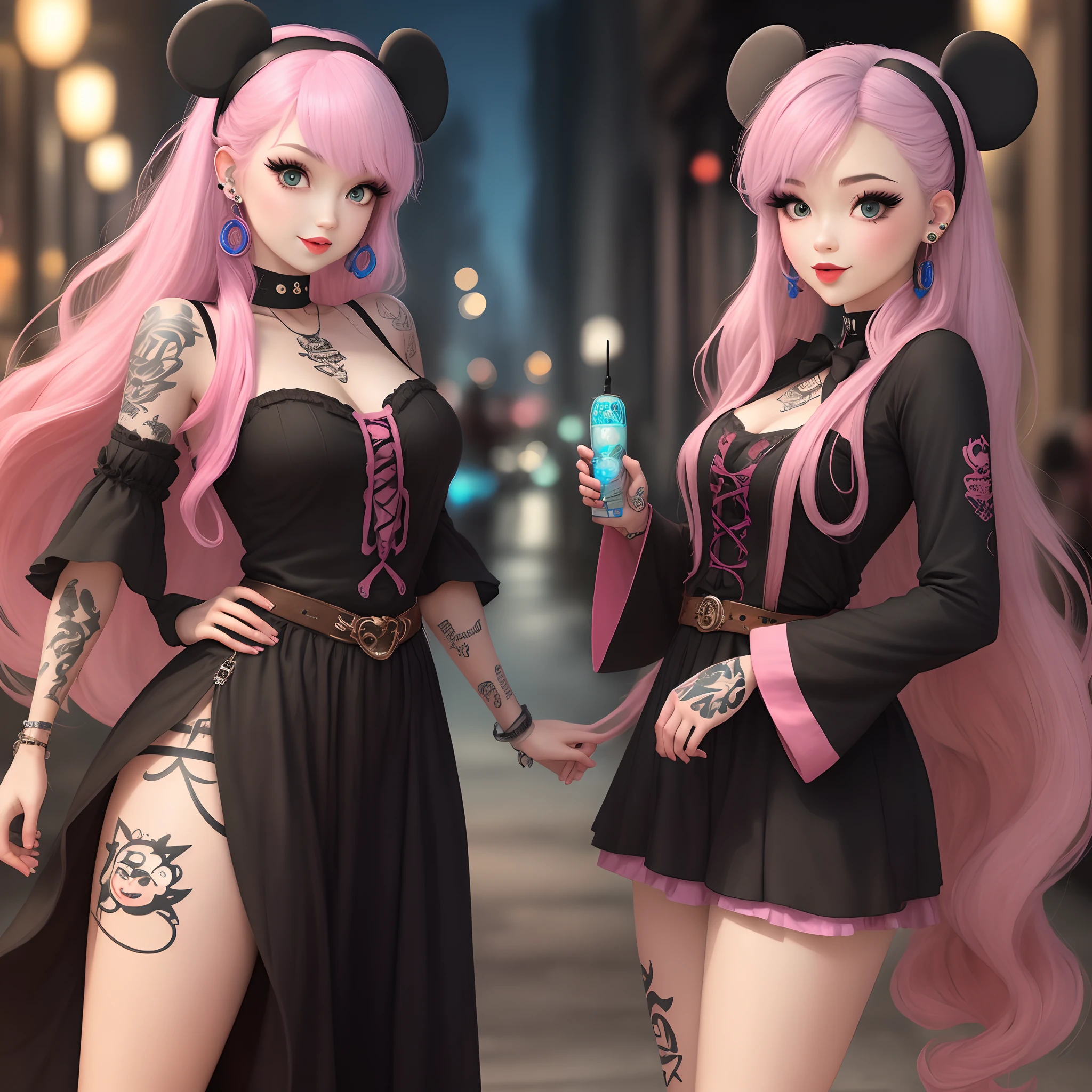 Disney character
Girl with long black and light pink hair
Piercings
Tattoos
Stretched ears