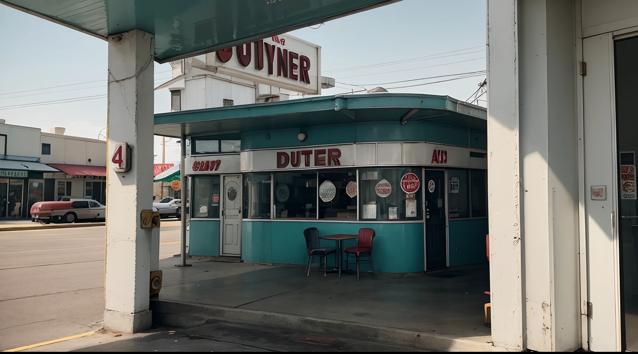 Outside of a 1960s diner in monochromatic colors and vintage feel.