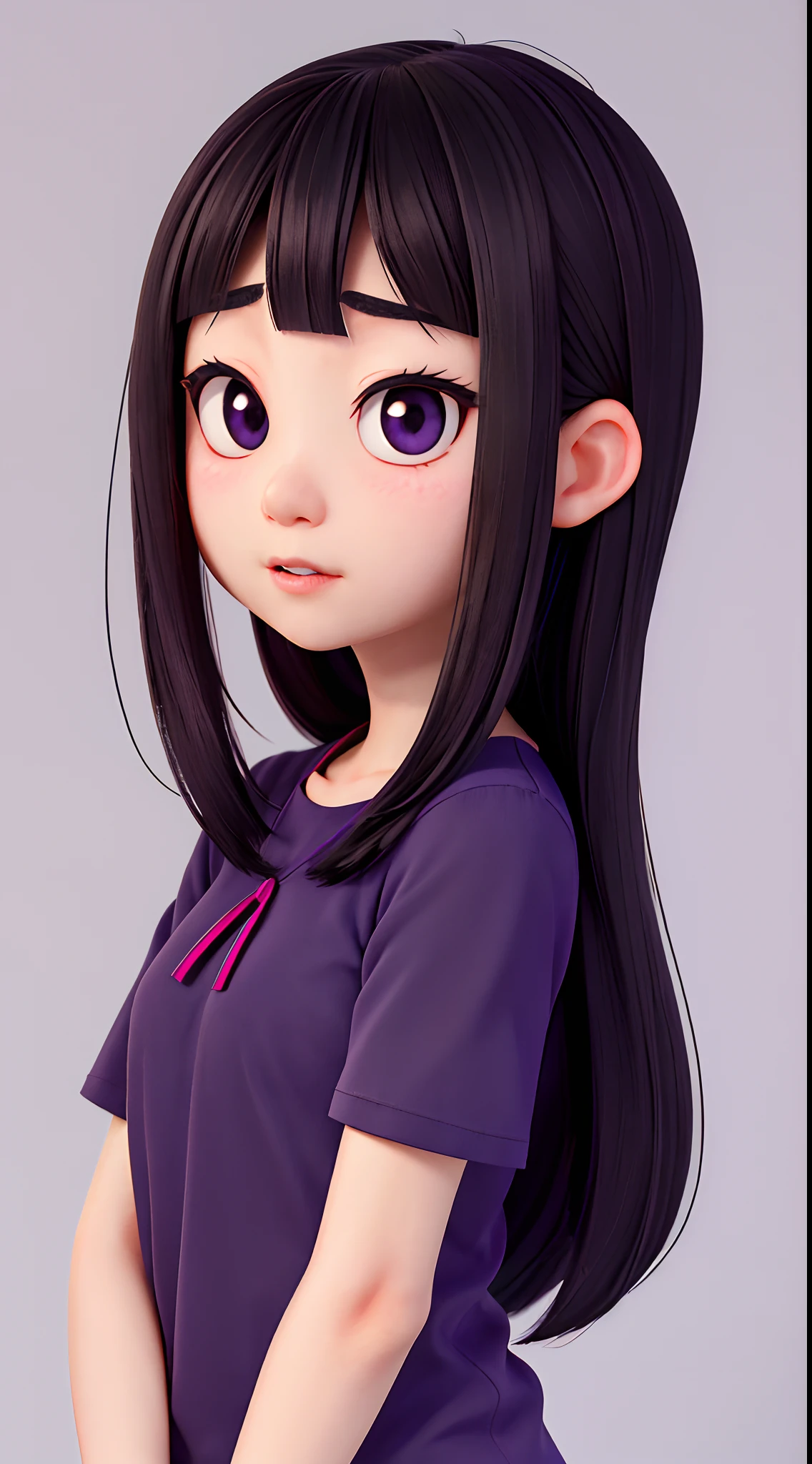 There is a woman with long black hair and a purple shirt, Asian Face, young cute wan asian face, 2 7 years old, Young adorable Korean face, 2 8 years old, korean symmetrical face, wan adorable korean face, 2 9 years old, headshot profile photo, detailed face of a asian girl, staring directly at camera, south east asian with round face