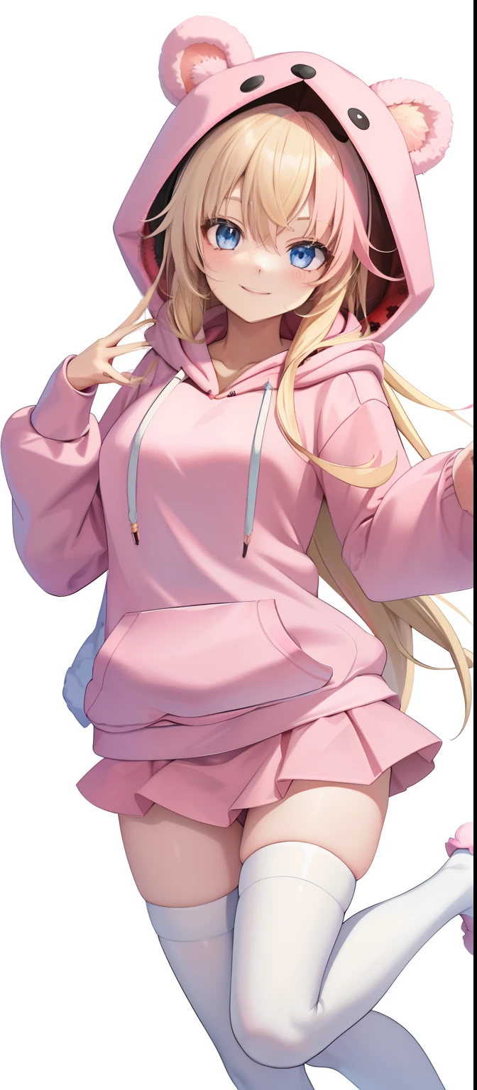 Vtuber model for 1 girl , Long blonde hair, Blue eyes , Big thighs, Furry bear ears , Hood up,(Light pink hoodie:1.3), White miniskirt, white thighhighs, Strawberry pattern hoodie, bear slippers, clogs, High quality , extra detailed , Renders, (White background:1.3), full bodyesbian, Smiling