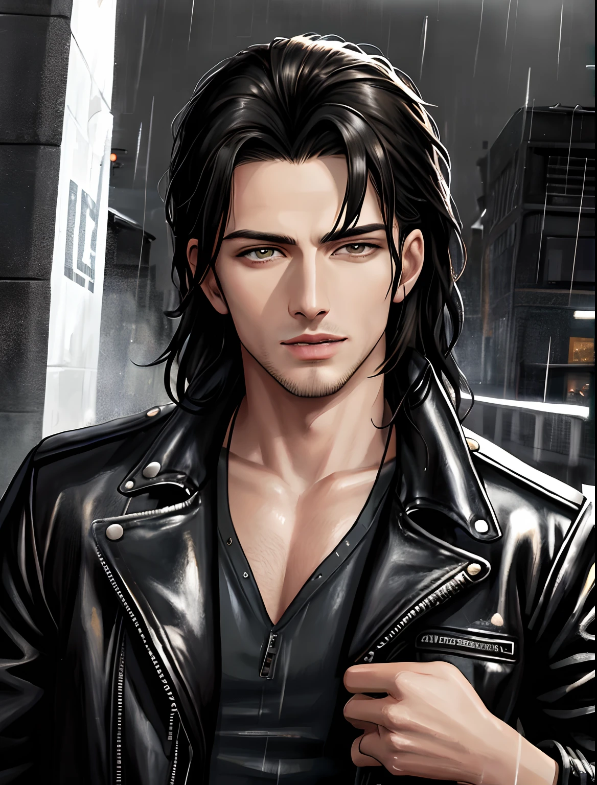 A man in a leather jacket stands in the rain, realistic art style, realistic art style, photorealistic artstyle, Photorealistic!!!!!!! artstyle, Photorealistic fan art, photorealistic artstyle, realistic digital painting, realism art style, Dressed in a leather jacket, super realistic painting style, based on Adam Dario Kiel, Anime handsome, a handsome, stunning, Realistic