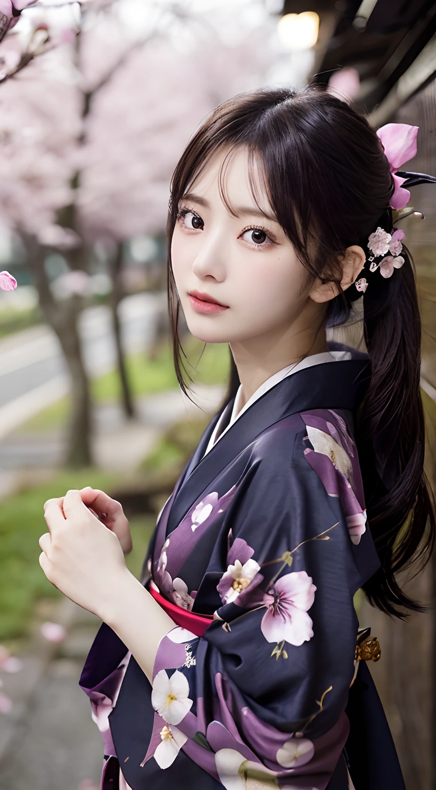 (kimono)、Random Shot、、、Random pose、(Many small petals flutter down:1.2)、(Wind:1.2)、(Highest quality,masterpiece:1.3,Ultra-high resolution,),(Ultra-detailed,Caustics),(Photorealistic:1.4,RAW shooting,)Ultra-Realistic Capture,Very detailed,High resolution 16K for human skin、 The skin texture is natural、、The skin looks healthy、The color is also uniform.、 Use natural light and color,One Woman,Japanese,,cute,Black-haired,Mid-length hair,(Depth of written boundary、chromatic aberration、、Wide range of lighting、Natural Shading、)、