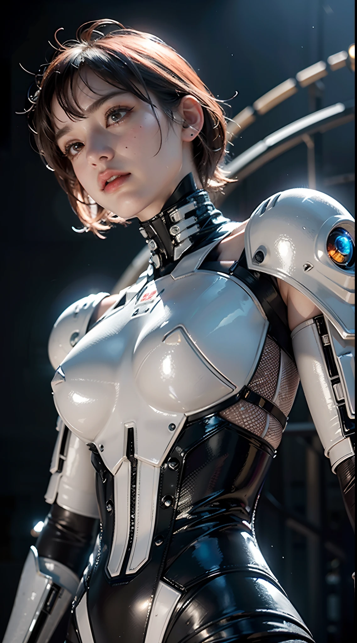 1mechanical_girl_with_kidou_keisatsu_patlabor_body , wearing_intricate_bioluminescent_mechanical_cyborg_armor_made_out_of ((white_beige_old_plastic)) , ((ultra realistic details)), detailed_face, global_illumination, shadows, octane_render, 8k, ultra_sharp, metal, ornaments_detailed, cold_colors, egypician_detail, highly_intricate_details, realistic_light, trending_on_cgsociety, glowing_eyes, look down on someone, ((from below)), lifted by self, looking at viewer, neon_details, machanical_limbs, blood_vessels_connected_to_tubes, ((lot_wires_and_cables_connecting_to_head_and_body)), killing_machine, extremely_sexy, lustful, medium breasts, slutty , official wallpaper, NSFW, In the style of Neon Genesis Evangelion, you find yourself standing on a desolate, post - apocalyptic wasteland, as the distant ruins of a massive city loom on the horizon. The sky is filled with ominous clouds, as a massive creature towers in the distance, cinematic light, dramatic light, pink + violet