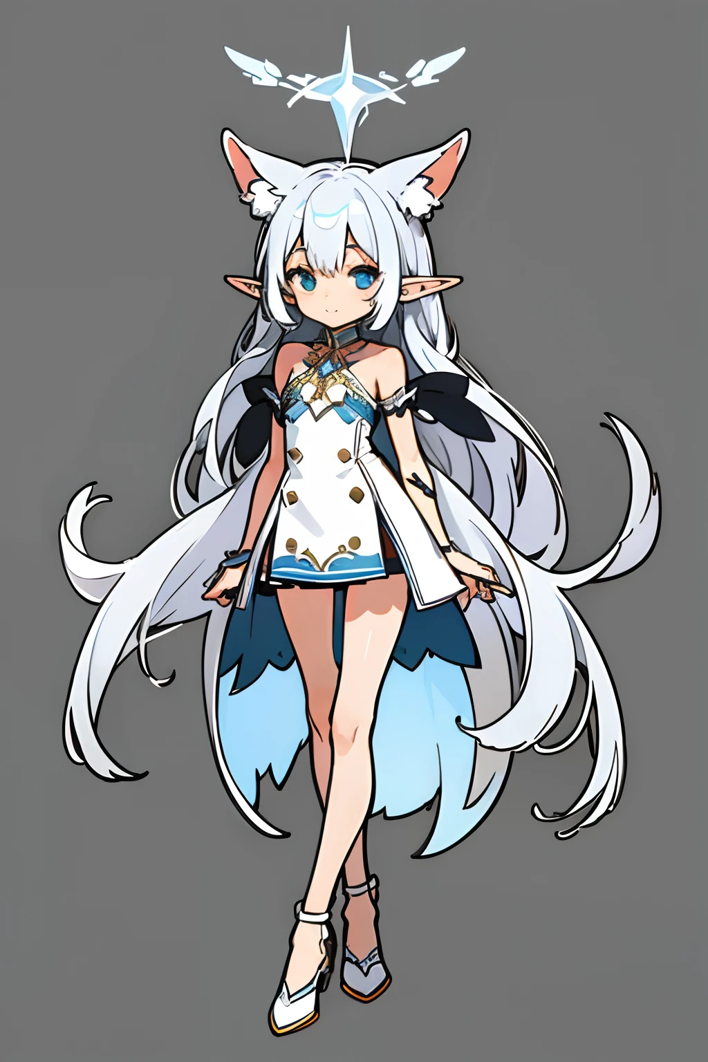 A full-body view of a silver-haired elf girl with long ears, facing the camera, wearing symmetrical clothes and standing with both arms straight to the sides and legs shoulder-width apart.