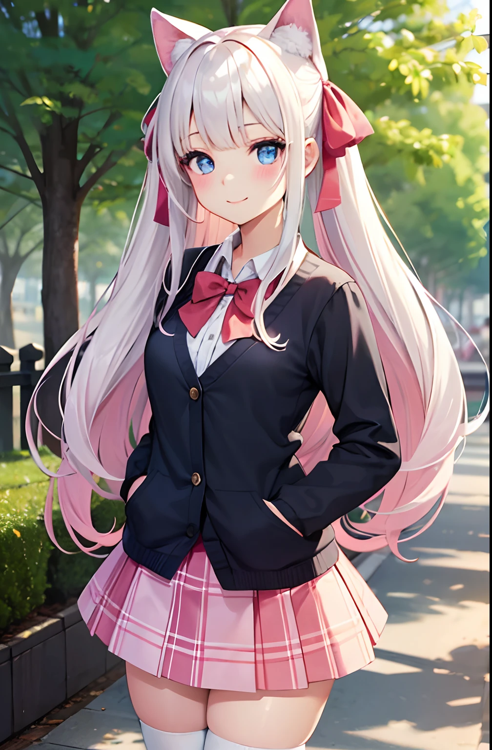 1girll, solofocus, Young women, skin blemish, Light white skin, Perfect face, Puffy face, Beautiful face, Puffy eyes, Blue eyes, Big eyes, Perfect eyes, eyeslashes, Long platinum blonde hair, bangs, Makeup, Blush, blush nose, Glitter makeup on the eyes, Detailed anime soft face, Pink clothes, A high resolution, double tails, Hair ribbon, Long sleeves, Red bow, Pink cardigan, white thighhighs, Reddish-pink plaid skirt, Red ribbon, Black choker, school uniform, Open shirt, 鎖骨, Outdoors, Cowboy shot, standing, Smile, with hands behind her back