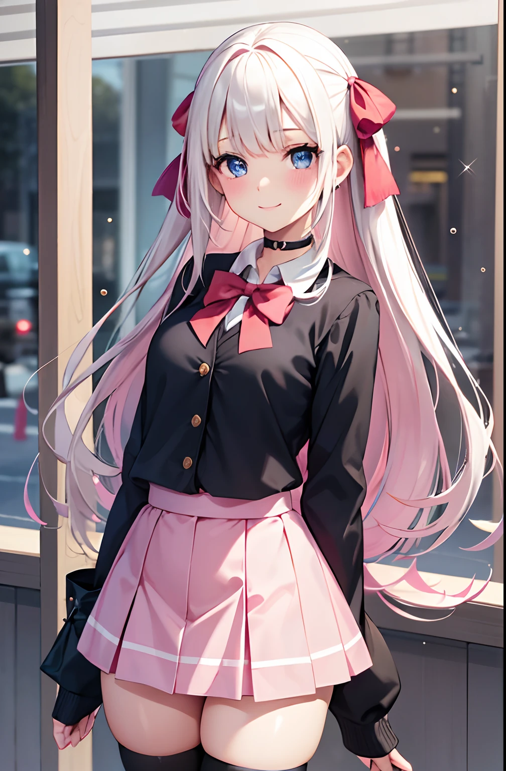 1girll, solofocus, Young women, skin blemish, Light white skin, Perfect face, Puffy face, Beautiful face, Puffy eyes, Blue eyes, Big eyes, Perfect eyes, eyeslashes, Long platinum blonde hair, bangs, Makeup, Blush, blush nose, Glitter makeup on the eyes, Detailed anime soft face, Pink clothes, A high resolution, double tails, Hair ribbon, Long sleeves, Red bow, Pink cardigan, white thighhighs, Reddish-pink plaid skirt, Red ribbon, Black choker, school uniform, Open shirt, 鎖骨, Outdoors, Cowboy shot, standing, Smile, with hands behind her back