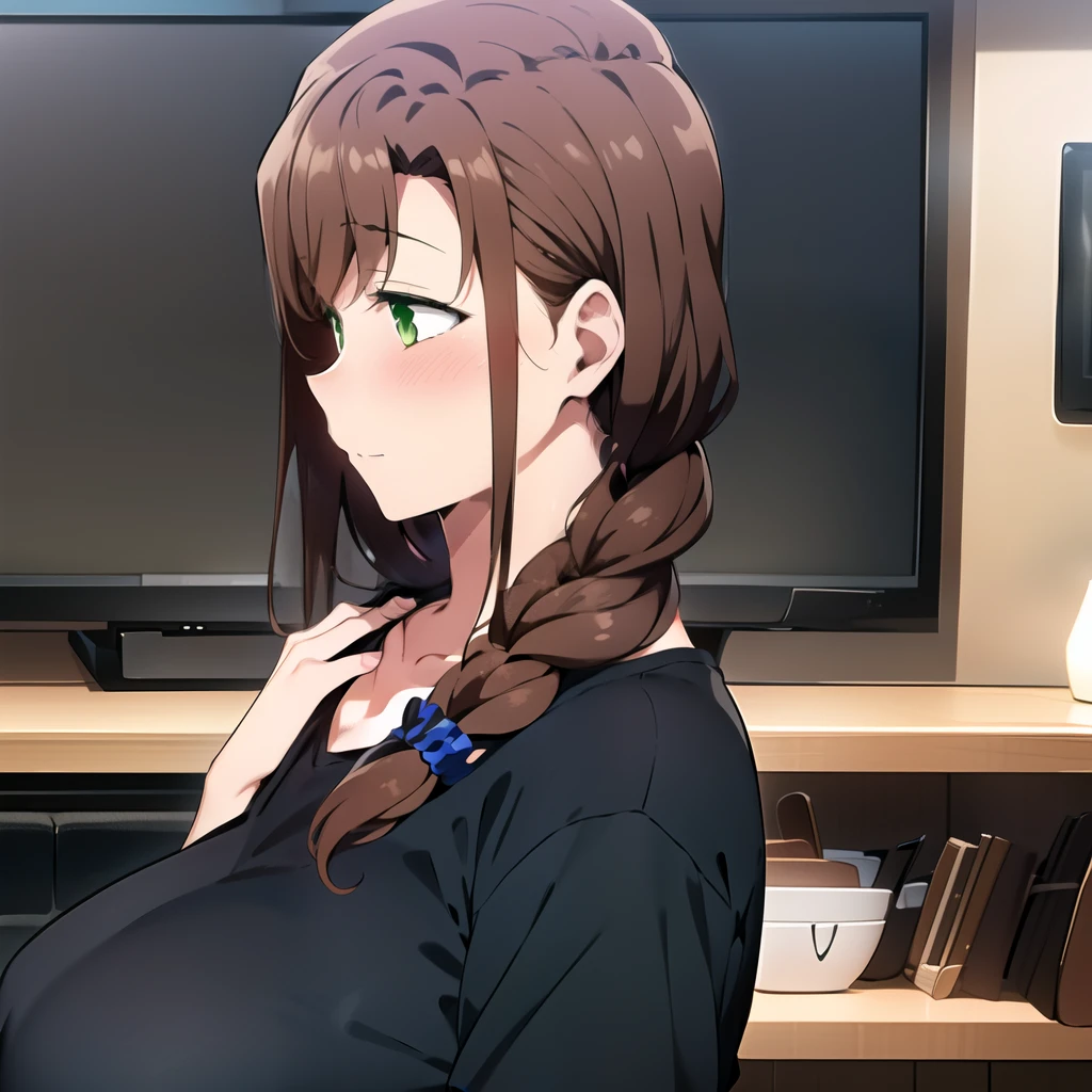 1girl, long hair, blush, large breasts, livingroom, brown hair, hair ornament, closed mouth, green eyes, collarbone, upper body, braid, short sleeves, solo focus, apron, from side, black shirt, single braid, scrunchie, hair over shoulder, hair scrunchie, head out of frame, tv