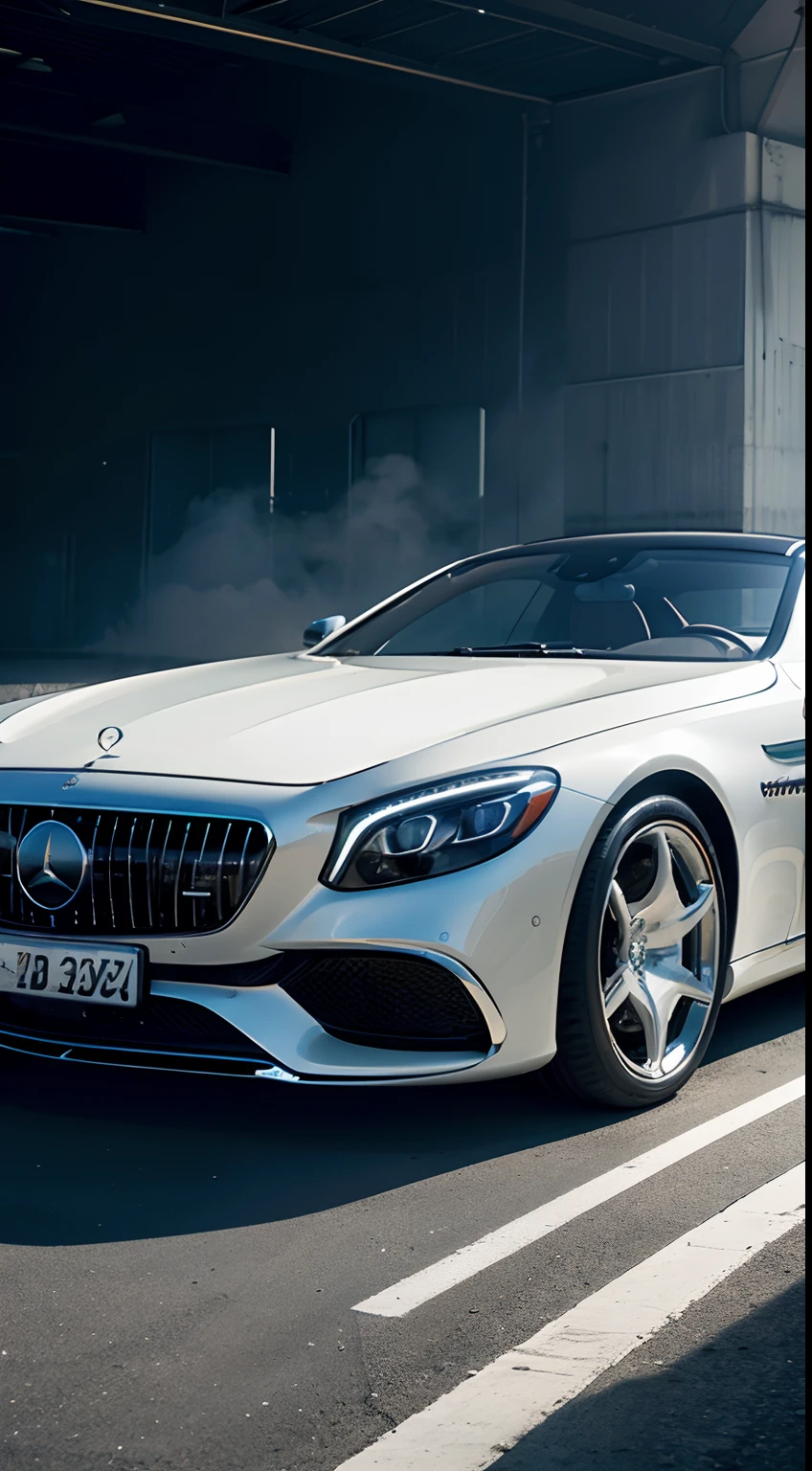 A Mercedes Maybach sports car,The front of the body,in a panoramic view,Distant perspective,professional photoshooting,k hd,4k,tmasterpiece,abandoned factory(1.4),Billowing dust(1.5),Spotlights,focal