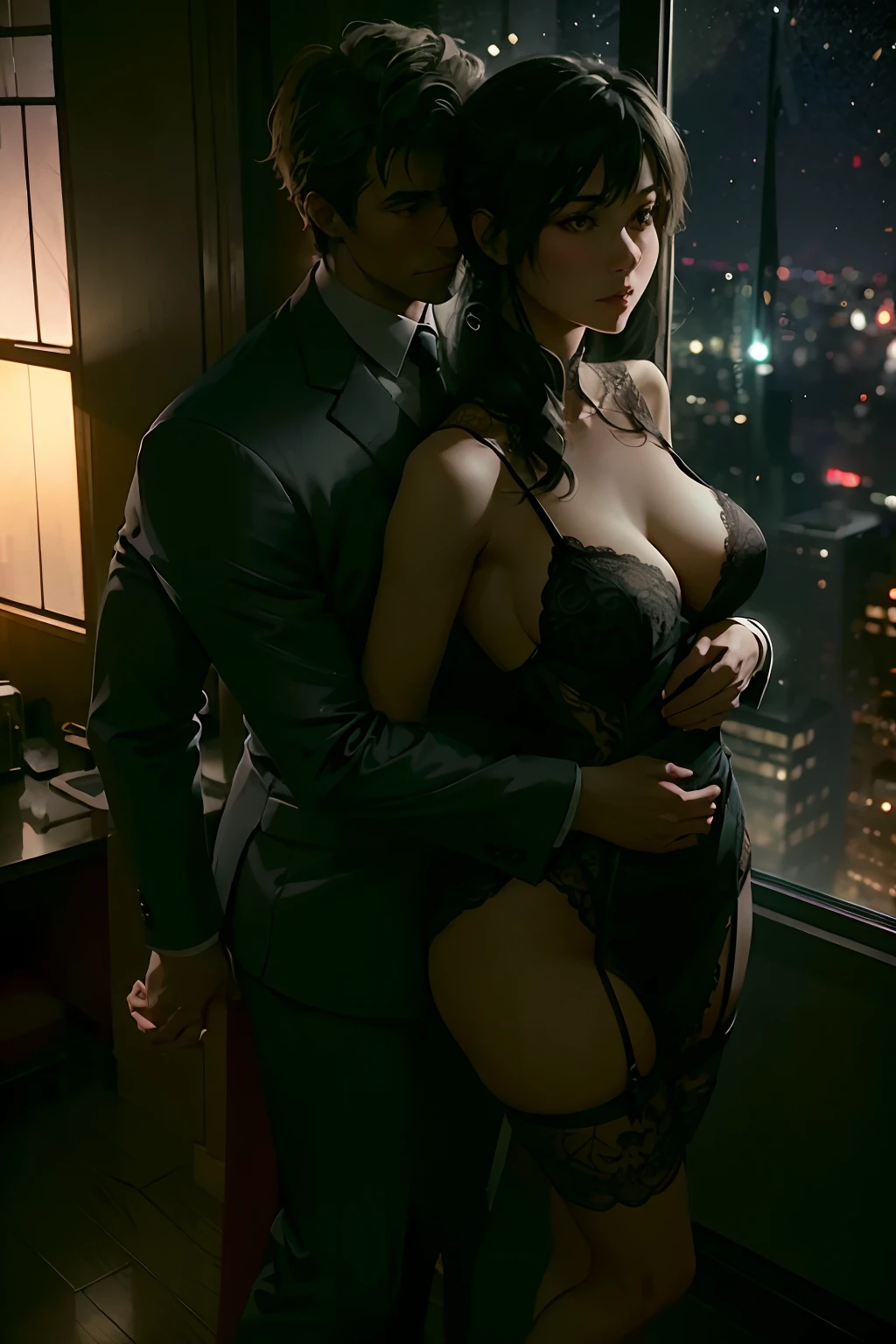 Woman in beautiful lace lingerie standing in front of window overlooking night city, From behind, a handsome man in a business suit holds her by the neck with one hand