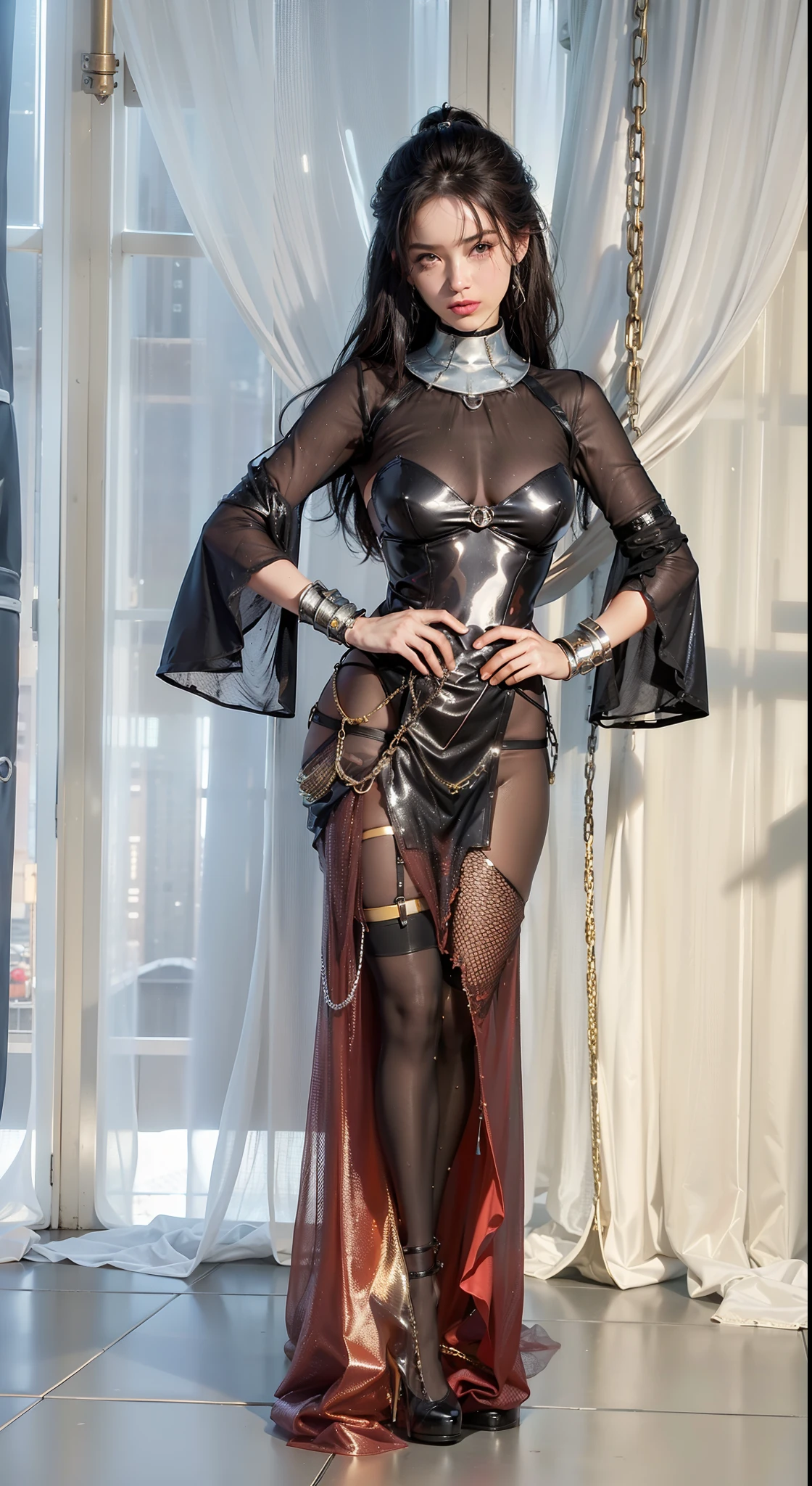 ,((Dressed in a see-through costume of a superheroine)),(, No bra)), Wet crotch, Wet thighs, Beautiful girl with accentuated slender abs: 1.4, (((nipple tips protruding, areola is protruding, The shape of the pubic region is clearly visible)), sixpack abs: 1.4, Bust Botox, Photo, Sharpness, Unique 850 4, Koda850 k portrait camera, F1.6 shots, Ultra-realistic textures, Spectacular light textures, Cinestil 800 Fashion Mechanics, (futuristic sci-fi battle fashion: 1.1), (tied perfectly by chain), Restraint, Slaves, collars, ((wide prison with sunlight)), Dark fantasy, Realistic material details, extreme hight detail, Ultra-realistic materials ((Torn costume))), Wet, Cloudy, (Chained)), ((big emphasized by chains)), ((chains digging into crotch)), ( (Collar)), (, No bra), shredded costumes, broken golden shields and battle spears,, White combat gloves, Combat shoulder armor, Realistic, (Bruises, ripped clothing, skimpy clothing, Blood: 1.3), Torn Cape, Torn pantyhose, Long legs, ((iron pipe in the crotch)), Metallic shackles and fetters, ((chains hung from heaven)), Wet crotch is clearly visible, Swarovski's sword and the anatomy beneath his feet, squatting on the ground,Finger repair,Five fingers,(futuristic sci-fi battle fashion, Torn mesh stockings),