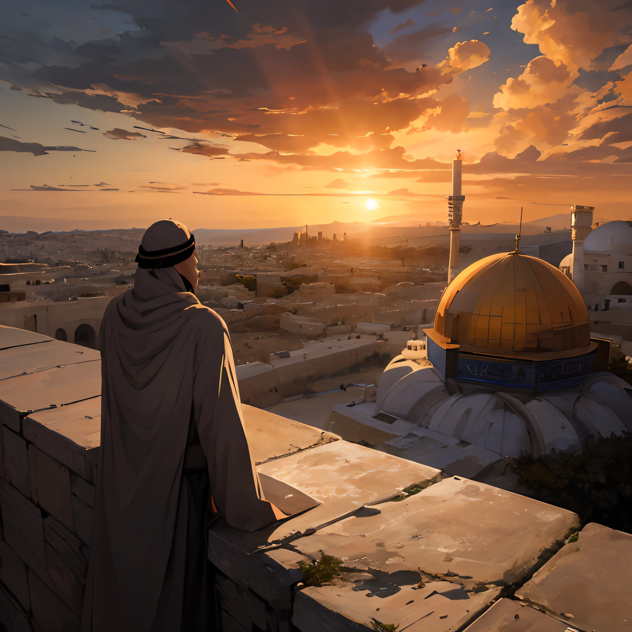 Generate a captivating image capturing the solitary man's valiant efforts alone to protect Al Aqsa as the sun sets in the evening, casting dramatic clouds across the sky, symbolizing the heroic struggle in the fading light against all odds.