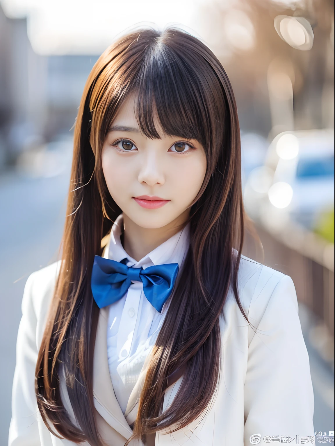 There is a woman with long hair wearing a white jacket and bow tie, Korean Girl, real life anime girl, Anime Girl with Long Hair, white hime cut hairstyle, cute natural anime face, realistic anime 3 d style, Beautiful anime girl, cute - fine - face, Beautiful Anime Portrait, beautiful Korean women