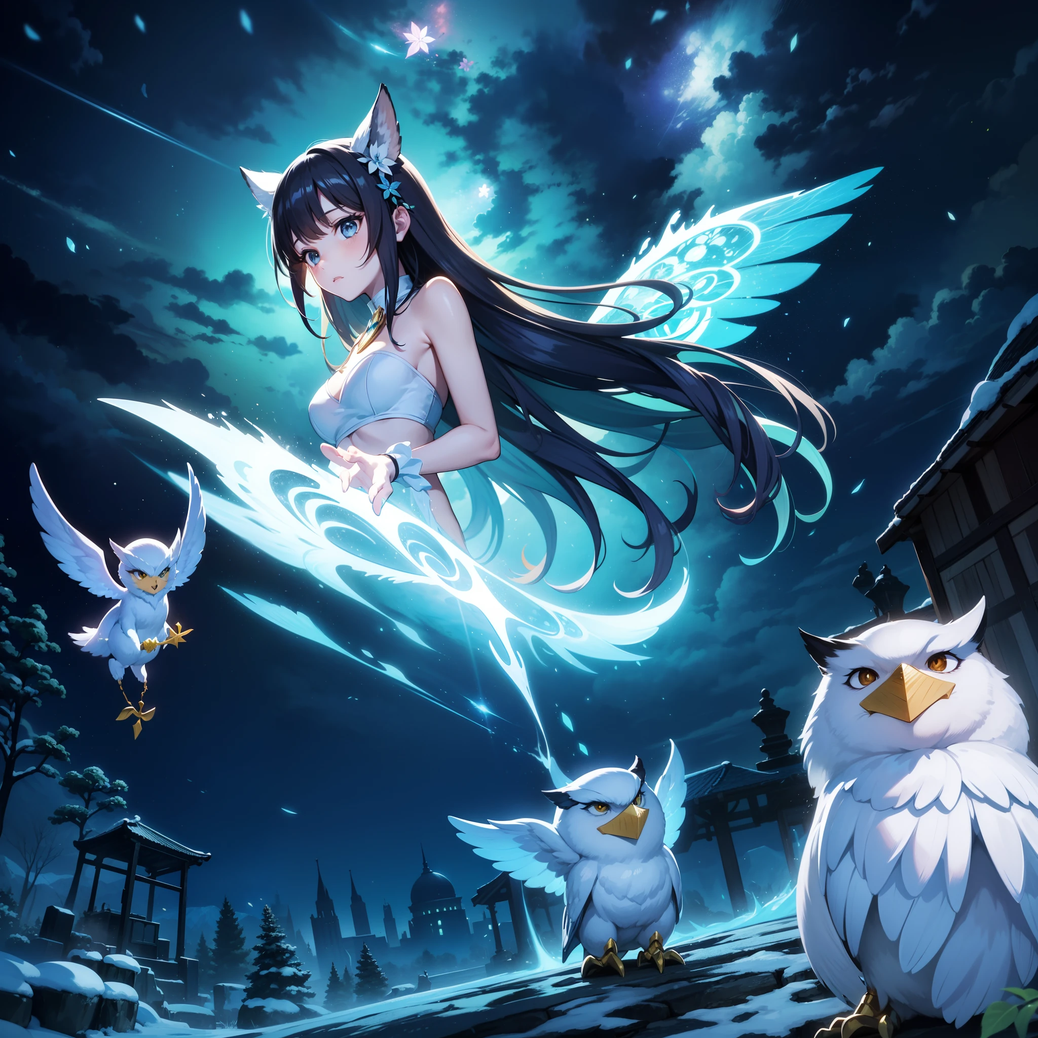 ((ultra-detailliert)), ((Best Illustration)), ((Movie Lighting)), Dynamic Angle, floating, Fine, (The Flash: 1.2), (shine: 1.2), (shine: 1.2), "(Best Quality), Super detailed depiction of a beautiful girl, Light blue long hair、Twin-tailed、 Fantastic background、Fantasia、Fairy World、In the colorful forest、Surrounded by snow-white owls and vivid vegetation、cinematic colors、Refreshing, Starry sky、Dazzling moonlight