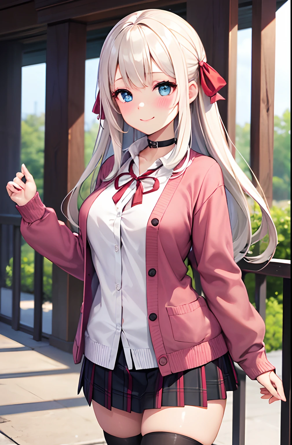 1girll, solofocus, Young women, skin blemish, Light white skin, Perfect face, Puffy face, Beautiful face, Puffy eyes, Blue eyes, Big eyes, Perfect eyes, eyeslashes, Long platinum blonde hair, bangs, Makeup, Blush, blush nose, Glitter makeup on the eyes, Detailed anime soft face, Pink clothes, A high resolution, double tails, Hair ribbon, Long sleeves, Red bow, Pink cardigan, white thighhighs, Reddish-pink plaid skirt, Red ribbon, Black choker, school uniform, Open shirt, 鎖骨, Outdoors, Cowboy shot, standing, Smile, with hands behind her back
