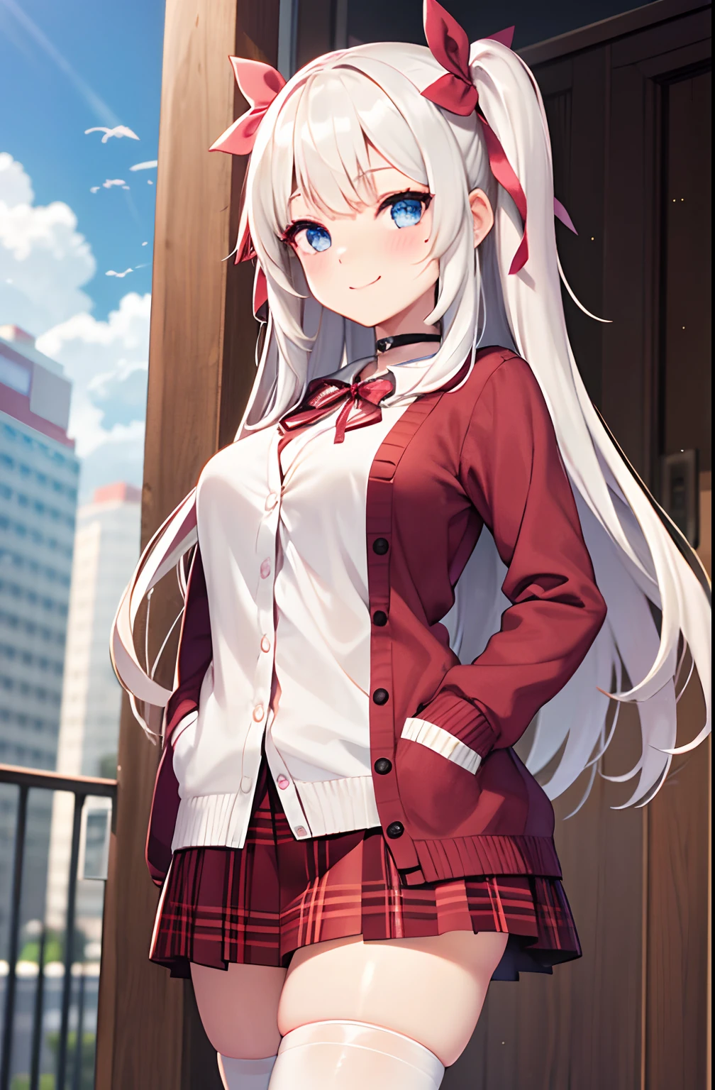 1girll, solofocus, Young women, skin blemish, Light white skin, Perfect face, Puffy face, Beautiful face, Puffy eyes, Blue eyes, Big eyes, Perfect eyes, eyeslashes, Long platinum blonde hair, bangs, Makeup, Blush, blush nose, Glitter makeup on the eyes, Detailed anime soft face, Pink clothes, A high resolution, double tails, Hair ribbon, Long sleeves, Red bow, Pink cardigan, white thighhighs, Reddish-pink plaid skirt, Red ribbon, Black choker, school uniform, Open shirt, 鎖骨, Outdoors, Cowboy shot, standing, Smile, with hands behind her back