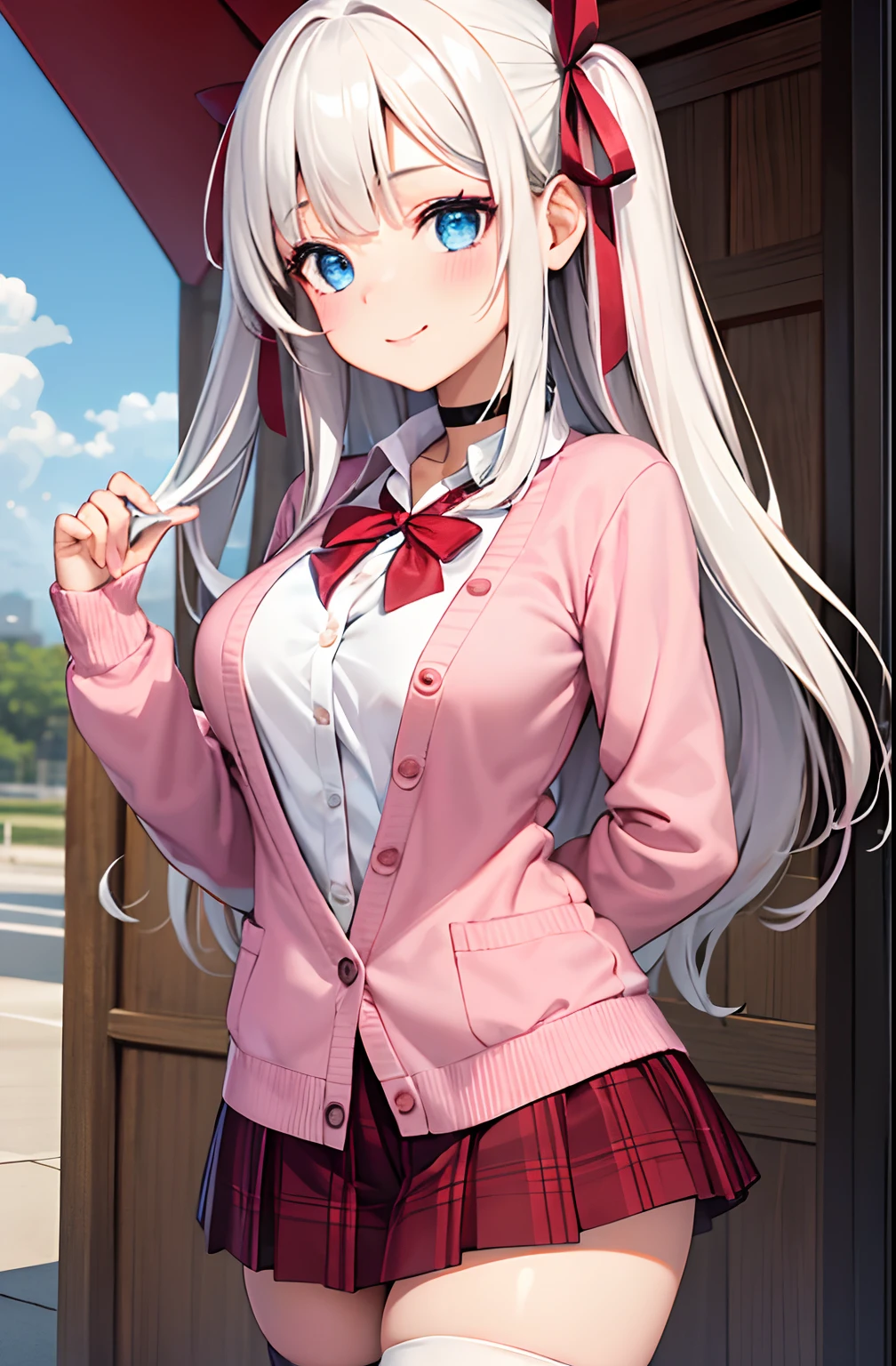 1girll, solofocus, Young women, skin blemish, Light white skin, Perfect face, Puffy face, Beautiful face, Puffy eyes, Blue eyes, Big eyes, Perfect eyes, eyeslashes, Long platinum blonde hair, bangs, Makeup, Blush, blush nose, Glitter makeup on the eyes, Detailed anime soft face, Pink clothes, A high resolution, double tails, Hair ribbon, Long sleeves, Red bow, Pink cardigan, white thighhighs, Reddish-pink plaid skirt, Red ribbon, Black choker, school uniform, Open shirt, 鎖骨, Outdoors, Cowboy shot, standing, Smile, with hands behind her back