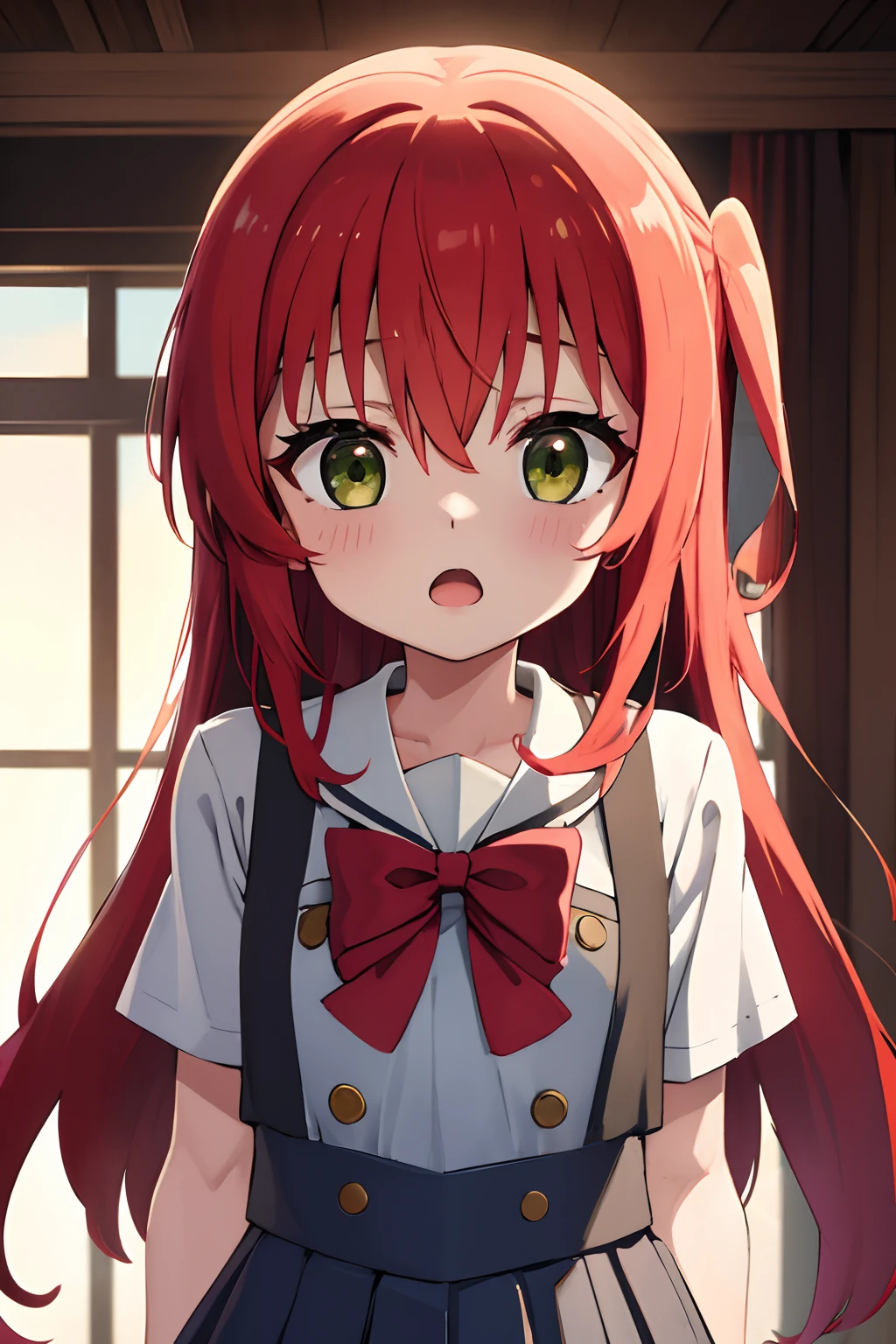 kitaikuyo, ikuyo kita, (green eyes:1.5), hair between eyes, long hair, one side up, red hair, (flat chest:1.2),
BREAK black footwear, black skirt, grey sailor collar, pleated skirt, sailor collar, school uniform, shoes, short sleeves, shuka high school uniform, skirt,,
BREAK looking at viewer,
BREAK indoors, classroom,
BREAK (masterpiece:1.2), best quality, high resolution, unity 8k wallpaper, (illustration:0.8), (beautiful detailed eyes:1.6), extremely detailed face, perfect lighting, extremely detailed CG, (perfect hands, perfect anatomy),up chest.big breasts.Sad face.open mouth.