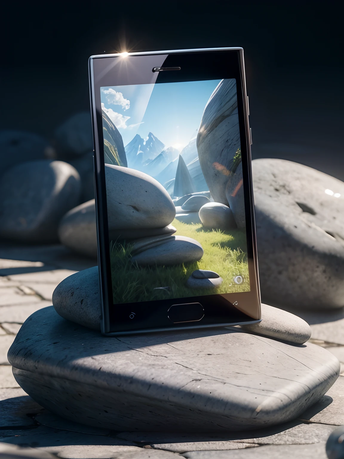 Mobile phone product images, Masterpiece, Best quality,tmasterpiece，best qualtiy，rendering by octane，hdr，(Best shadows),No Man，without hands， (1 Smartphone placed on a stone，With a sleek design and a large screen:1.8)，Glass texture，Detailed close-up，the detail，Sunlight, simplebackground, particle fx, Isometric 3D, Octane rendering, Ray tracing, Super detailed