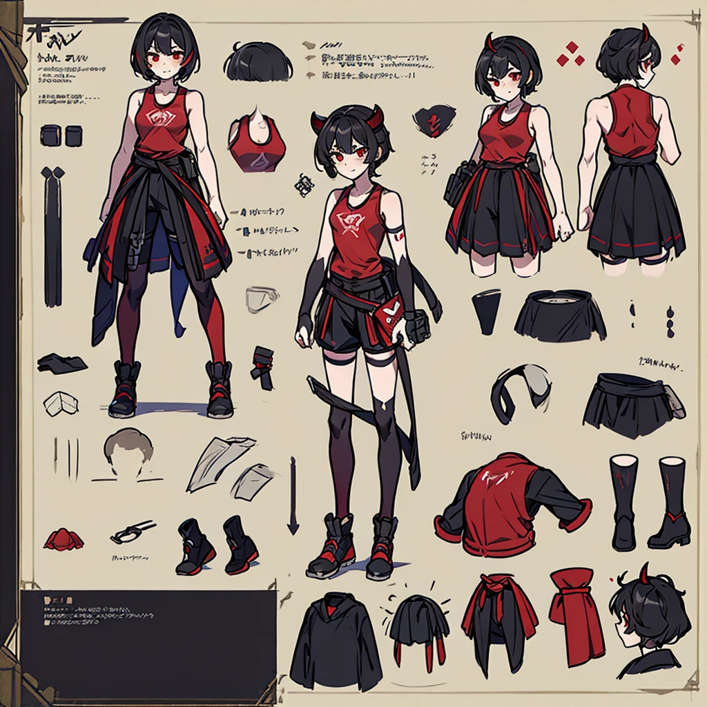 ((tmasterpiece)),(((best qualtiy))),(CharacterDesignSheet,Same role,frontage,Lateral face,on back),1 Red Devils,独奏,Short black hair,tiny horns,red eyes,tmasterpiece,best qualtiy,looking around a corner,full bodyesbian,Height 160cm,A detailed,ssmile,sport outfit,Sport Tank Top,Hand straps as accessories,charturnbetalora,concept-art,concept art of character,Character sketches,reference sheet,Role table,(simplebackground,white backgrounid: 1.3)