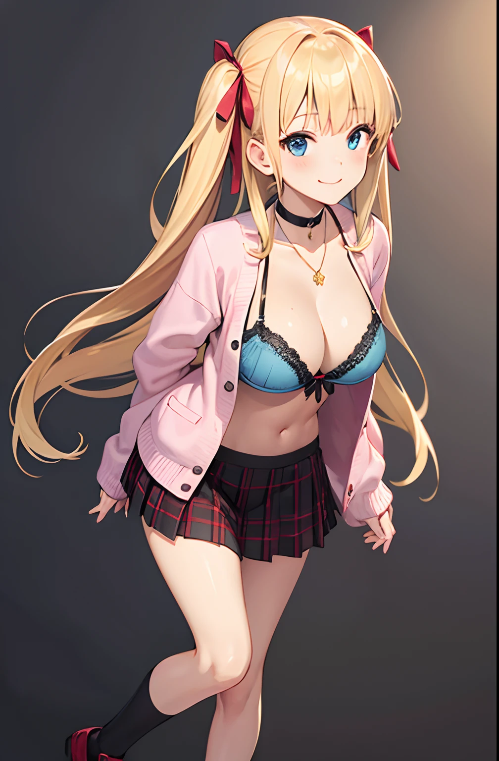 1girll, bangs, black_choker necklace, Foot warmer, Red bow, Red_ribbon, Blonde_Hair, Blue_Eyes, Blush, Bra, Large breasts, choker necklace, 鎖骨, collared_shirt, full_Body, Grey_Background, Hair_ribbon, Long_Hair, double tails, Hair ribbon, Looking_at_peeping at the viewer, Red-pink check, tartan_Skirt, pleated_Skirt, ribbon, Pink cardigan, Skirt, Smile, Solo, standing, double tails, underwear, arms cuffs