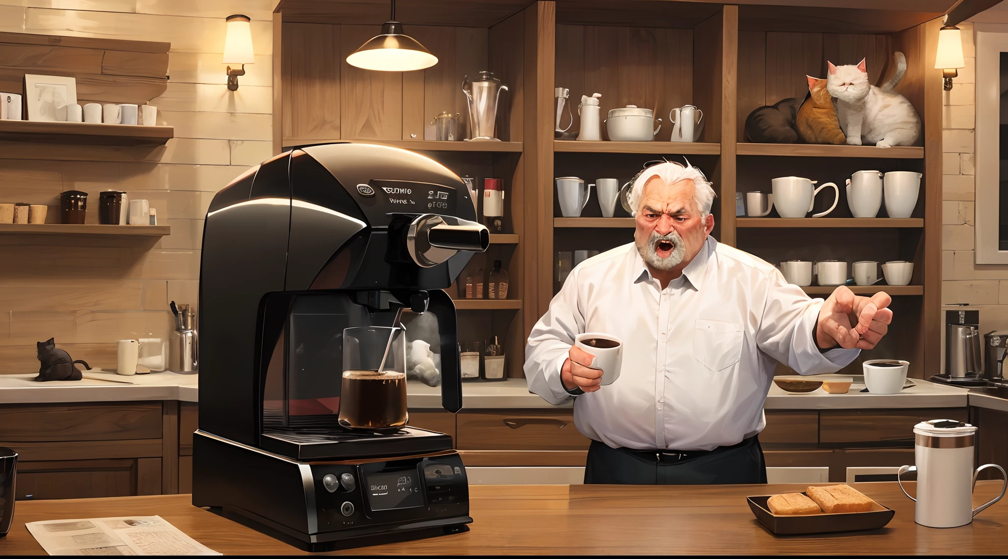 2 lucky cats and a 1,85 fat grandpa fighting with a coffee machine and the cats are just watching