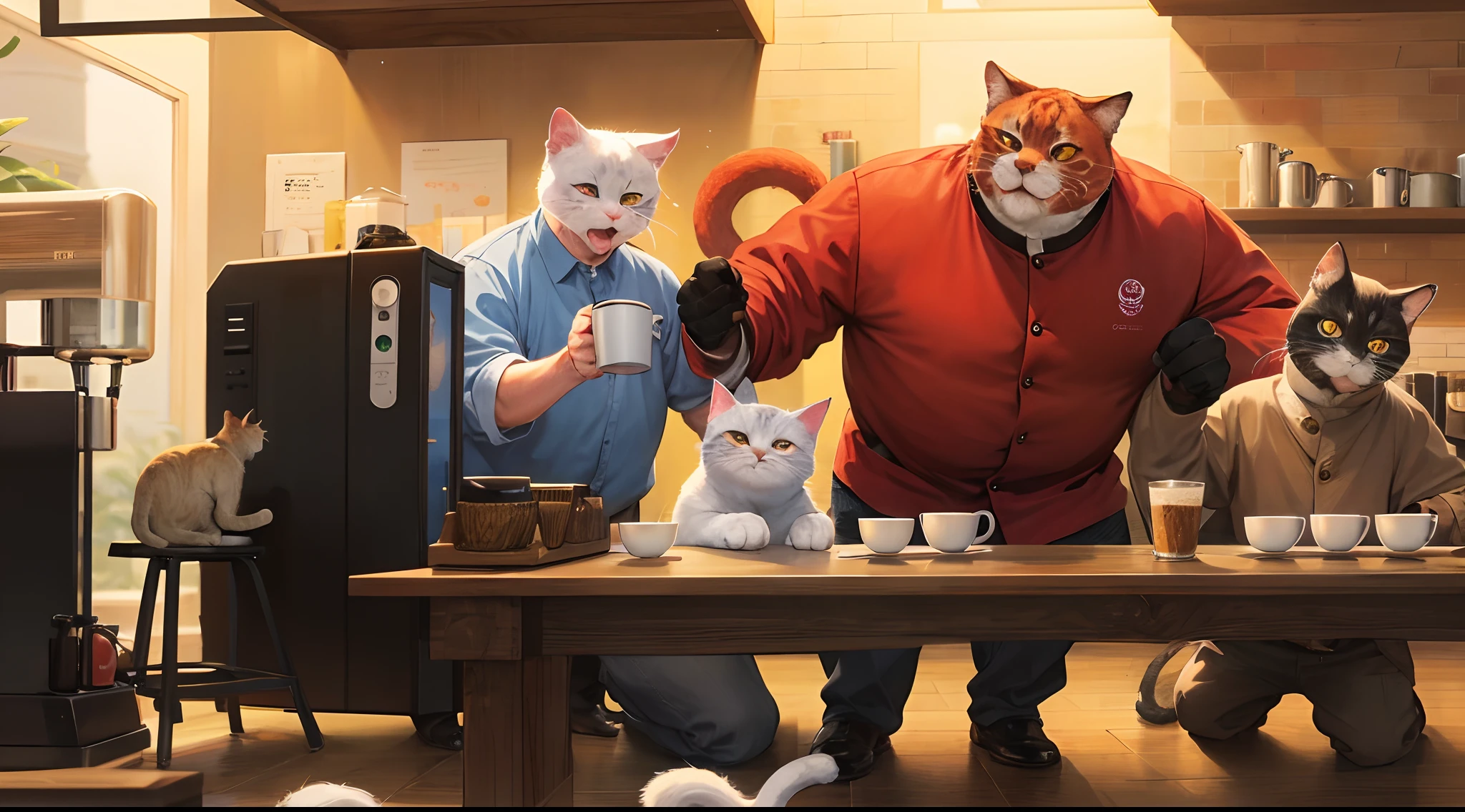 2 lucky cats and a 1,85 fat grandpa fighting with a coffee machine and the cats are just watching