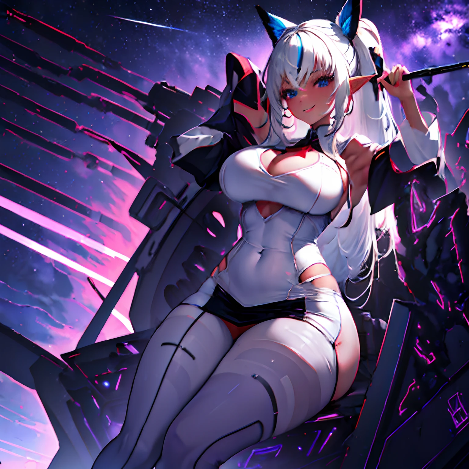 1 girl, solo, Shiranui_Flare, very large breasts, dark_elf, pale grey skin, white hair with black tips, long pointy ears, long hair, low ponytail, sidebangs, hair between eyes, straight hair, starry blue eyes, wide hips, curvy waist, thick thighs, milf, wide V-neck, tight shirt, bodystocking, pencil skirt, black pantyhose, sitting, alien-like command post, evil smile