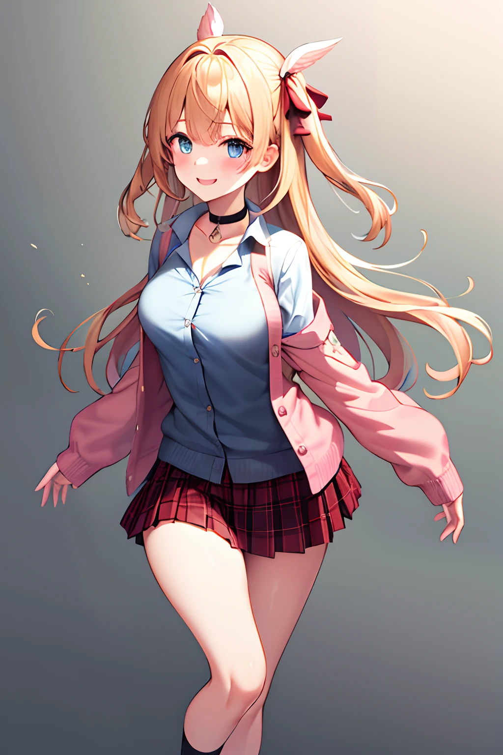 1girll, bangs, black_choker necklace, legwarmers, black_tiese, Red_ribbon, Blonde_Hair, Blue_Eyes, Blush, Bra, Breasts, choker necklace, 鎖骨, collared_shirt, full_Body, Grey_Background, Hair_ribbon, Long_Hair, Looking_at_peeping at the viewer, Red bow, tartan, tartan_Skirt, pleated_Skirt, ribbon, Pink cardigan, Skirt, Smile, Solo, standing, upper legs, double tails, underwear, arms cuffs