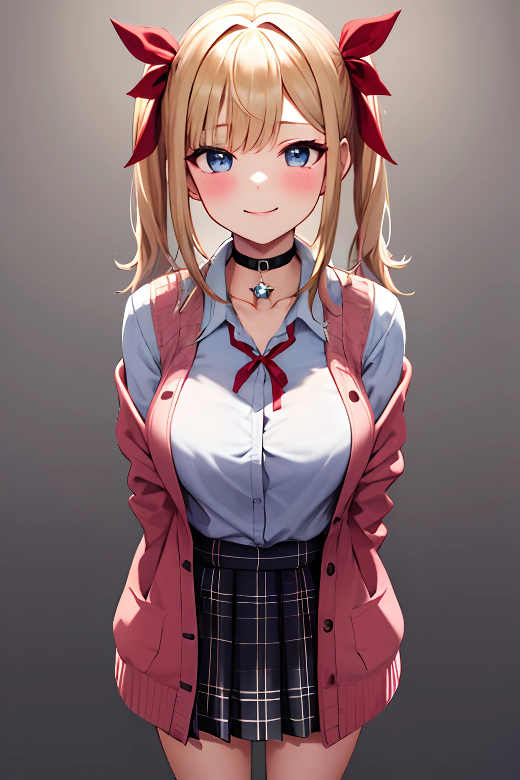 1girll, bangs, black_choker necklace, legwarmers, black_tiese, Red_ribbon, Blonde_Hair, Blue_Eyes, Blush, Bra, Breasts, choker necklace, 鎖骨, collared_shirt, full_Body, Grey_Background, Hair_ribbon, Long_Hair, Looking_at_peeping at the viewer, Red bow, tartan, tartan_Skirt, pleated_Skirt, ribbon, Pink cardigan, Skirt, Smile, Solo, standing, upper legs, double tails, underwear, arms cuffs