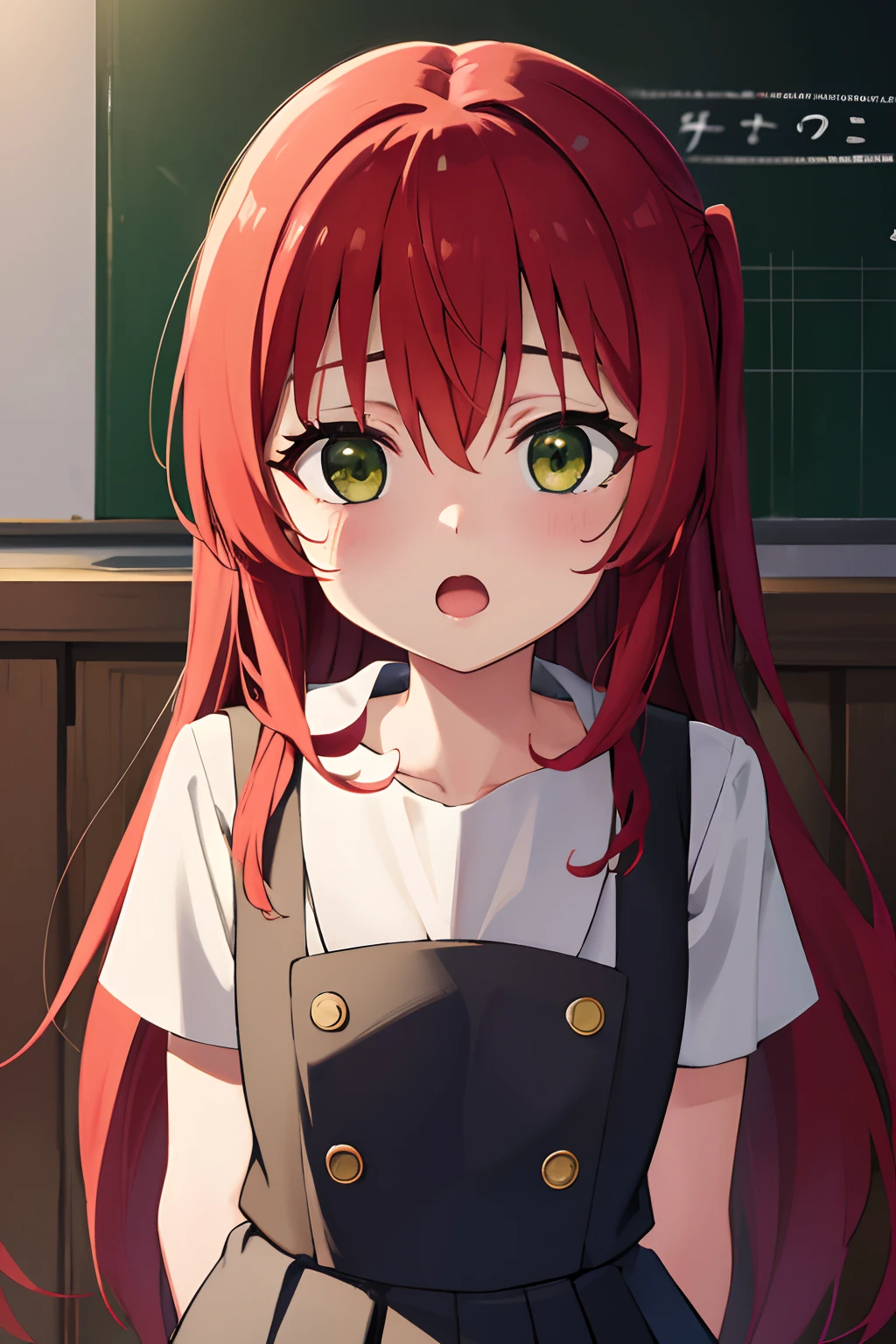 kitaikuyo, ikuyo kita, (green eyes:1.5), hair between eyes, long hair, one side up, red hair, (flat chest:1.2),
BREAK black footwear, black skirt, grey sailor collar, pleated skirt, sailor collar, school uniform, shoes, short sleeves, shuka high school uniform, skirt,,
BREAK looking at viewer,
BREAK indoors, classroom,
BREAK (masterpiece:1.2), best quality, high resolution, unity 8k wallpaper, (illustration:0.8), (beautiful detailed eyes:1.6), extremely detailed face, perfect lighting, extremely detailed CG, (perfect hands, perfect anatomy),up chest.big breasts.Sad face.open mouth.
