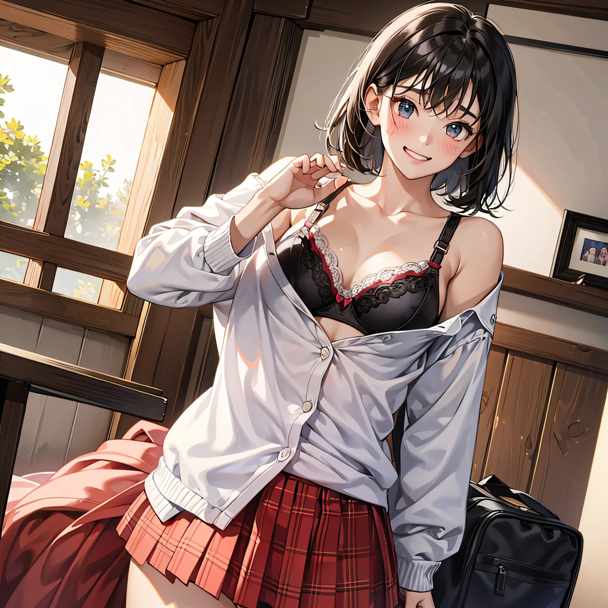  sister, cute bra, 8K, best quality, 14 yeaing at camera, red cheeks, school uniform, embarrassed, delicate hands, at home, love brother, black hair, bob hair, show off breasts, take off clothes and show off breasts, chest protruding pose, eyes are heart, grinning, school uniform, middle school stud