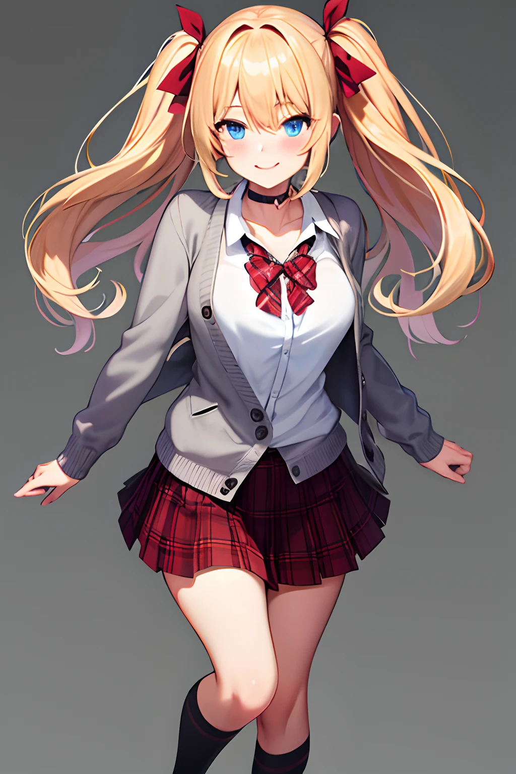 1girll, bangs, black_choker necklace, legwarmers, black_tiese, Red_ribbon, Blonde_Hair, Blue_Eyes, Blush, Bra, Breasts, choker necklace, 鎖骨, collared_shirt, full_Body, Grey_Background, Hair_ribbon, Long_Hair, Looking_at_peeping at the viewer, Red bow, tartan, tartan_Skirt, pleated_Skirt, ribbon, Pink cardigan, Skirt, Smile, Solo, standing, upper legs, double tails, underwear, arms cuffs