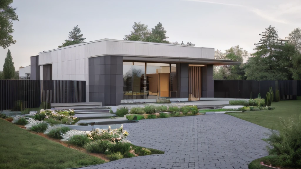 (masterpiece),(high quality), best quality, real,(realistic), super detailed, (full detail),(4k),8k,modern house exterior design,Modern architecture,Sandstone,whitewall,Beautiful_sky,Day light, no_humans, outdoors,sky,tree,Garden flower front of building,