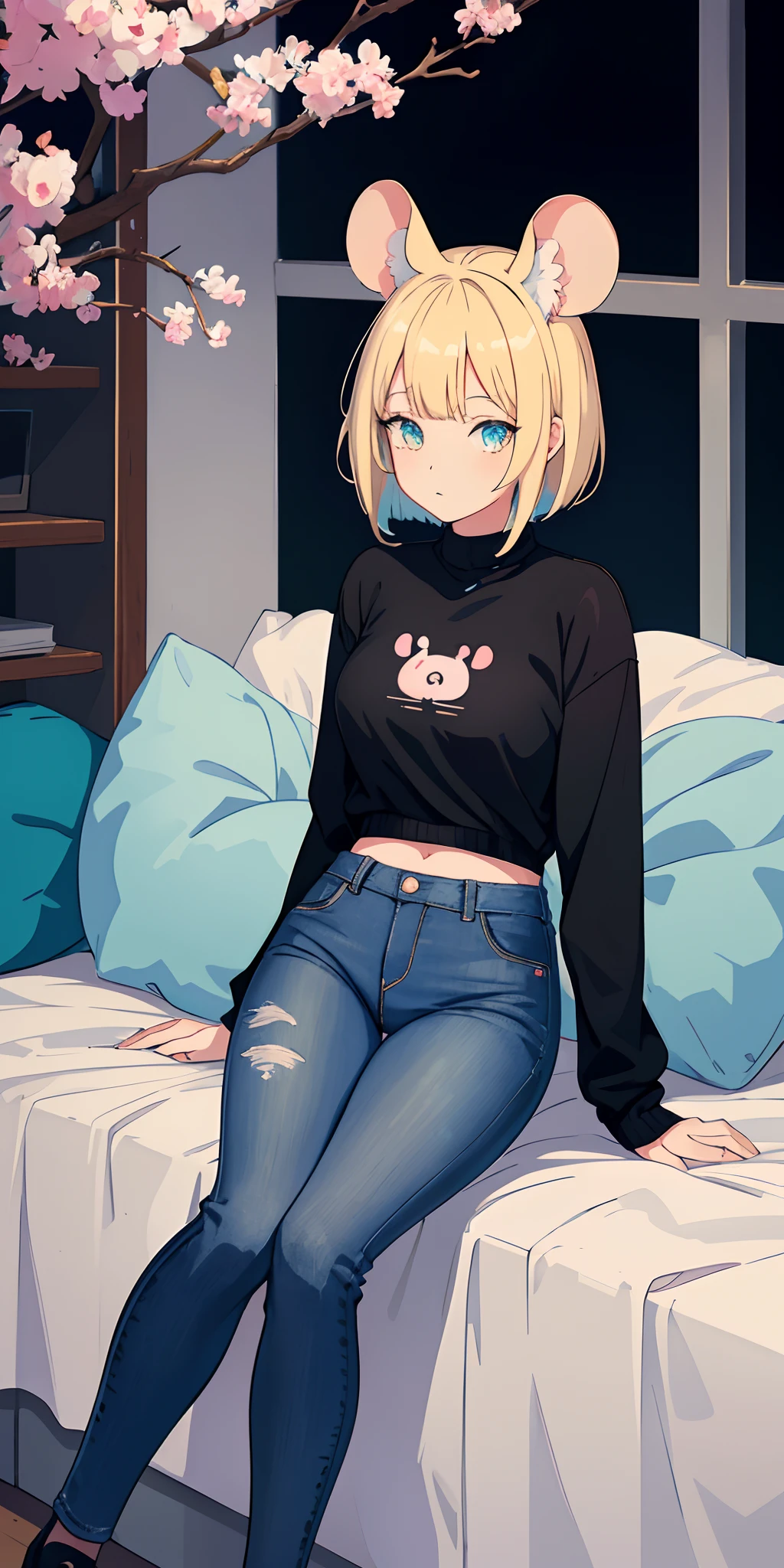 anime girl, seductive anime girl, azur lane style, gapmoe yandere, Anime girl sitting, mouse ears,Cyan eyes, Short blonde hair with long bangs on one side,Squeaky Hairstyle,Blue jeans,Black Beautiful Sweater,stocklings, higly detailed,high detailed eyes,Correct anatomy,The best picture quality