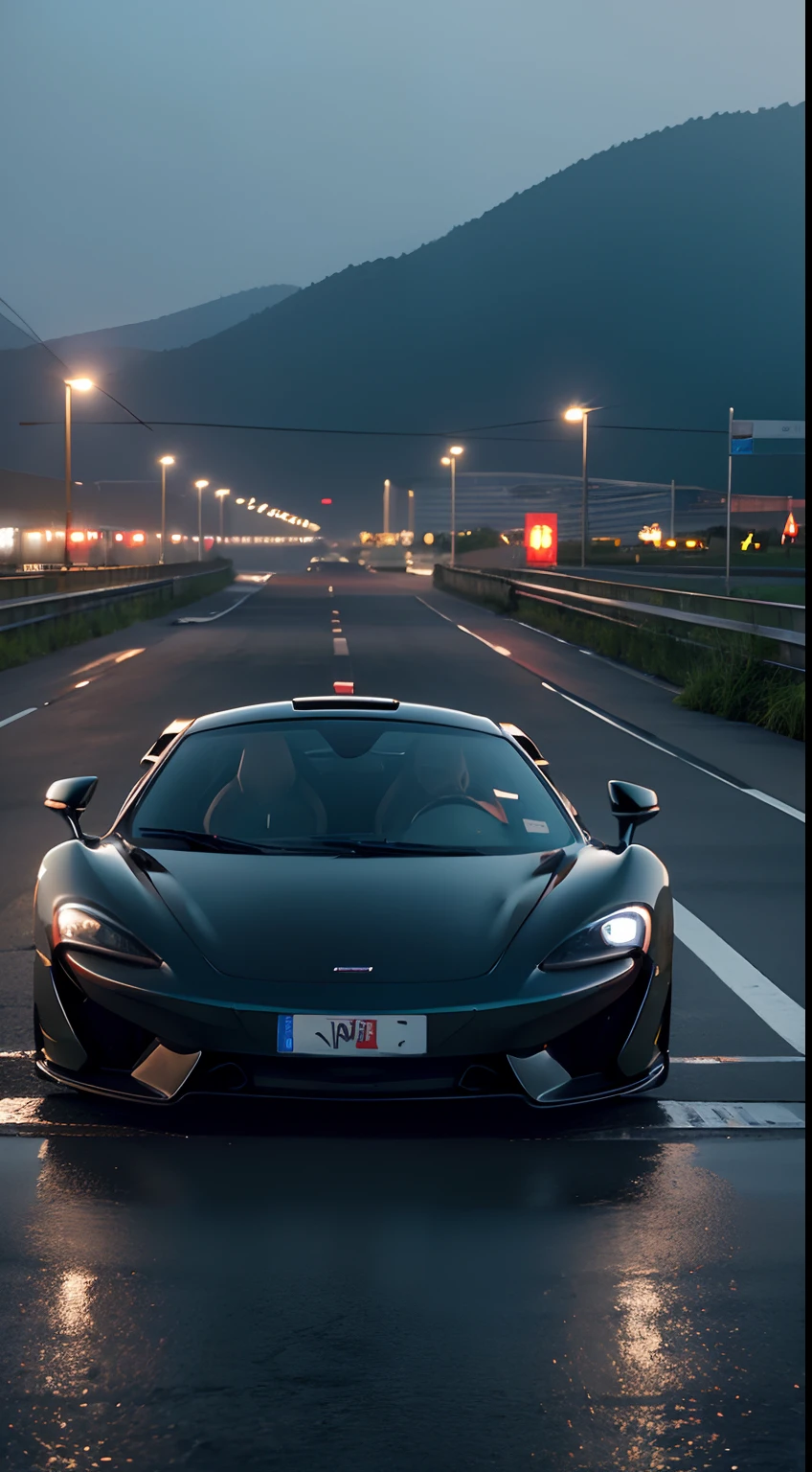 McLaren sports car,The front of the body,in a panoramic view,distant perspective,professional photoshooting,k hd,4K,tmasterpiece,Abandoned factory tracks(1.2),nigth,lamplight,Rained(1.5),Cyberpunk style