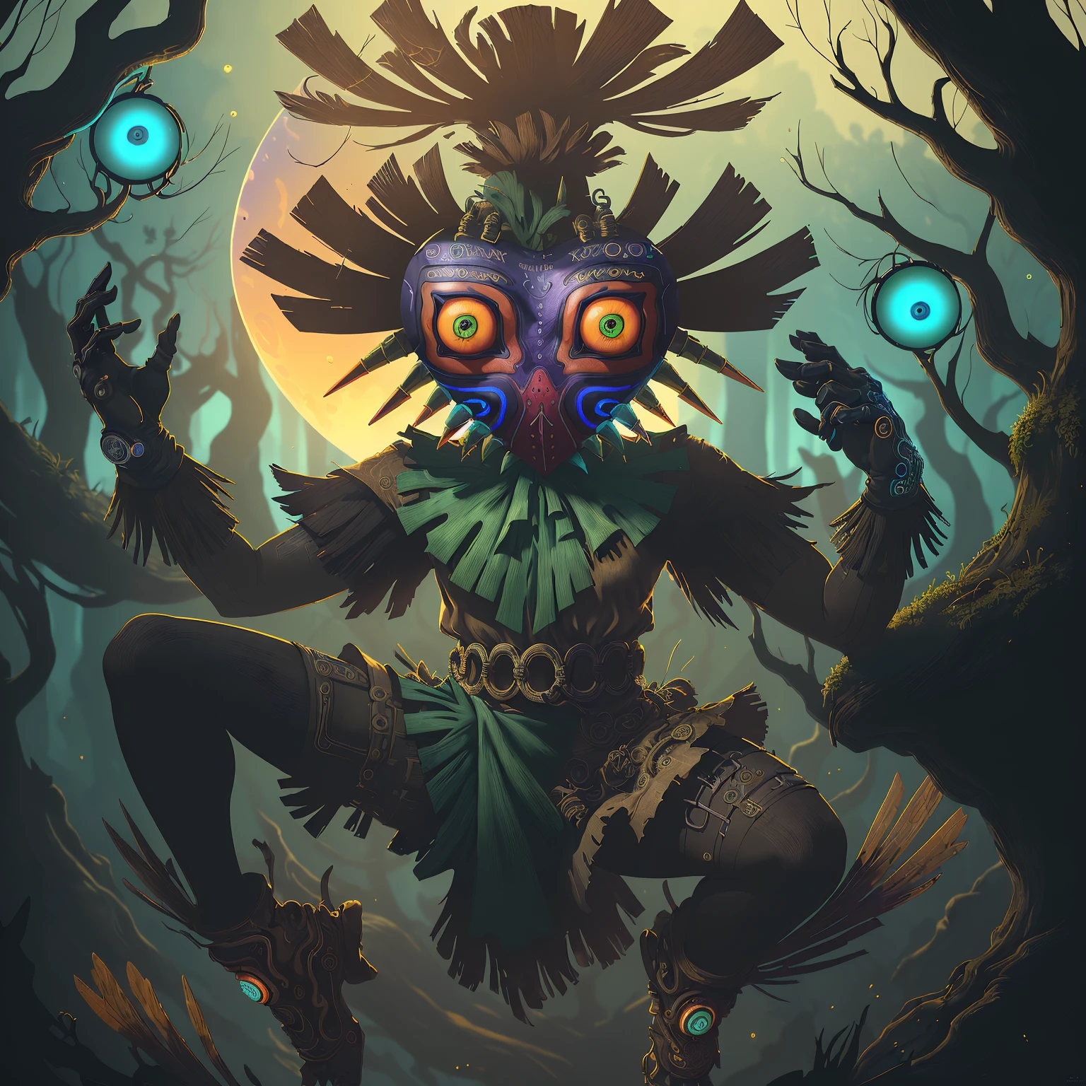 Inspired by "Tears of the Kingdom," the Skull Kid, shrouded in a captivating blend of playfulness and mystery, delves deeper into the lush Kokiri Forest, as the sunlight casts intriguing shadows and vibrant hues, revealing hidden secrets and fantastical creatures within its sacred confines. BREAK, 1girl, Skull kid, mask, solo, (realistic:0.5), masterpiece, solo, (best quality, perfect detailed, beautifully detailed face, detailed eyes), glistening shiny, ray tracing, DOF, HDR, shiny hair, (soft particles floating:1.1), ((looking at viewer)), (full body:1.1), ((8k wallpaper)), ((highres)), (day:1.3), sky, outdoors, outstretched arms, feminine focus, gloves, (cyberpunk:1.3), (futuristic:1.1), (Kokiri Forest City:1.2)