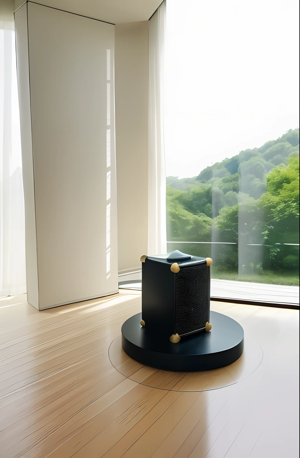 Masterpiece,k hd,Black speaker in the living room,Floor-to-ceiling windows,Beautiful natural scenery outside the window,Some greenery,Natural light and shadow,Detailed details,Light background,More details on the content