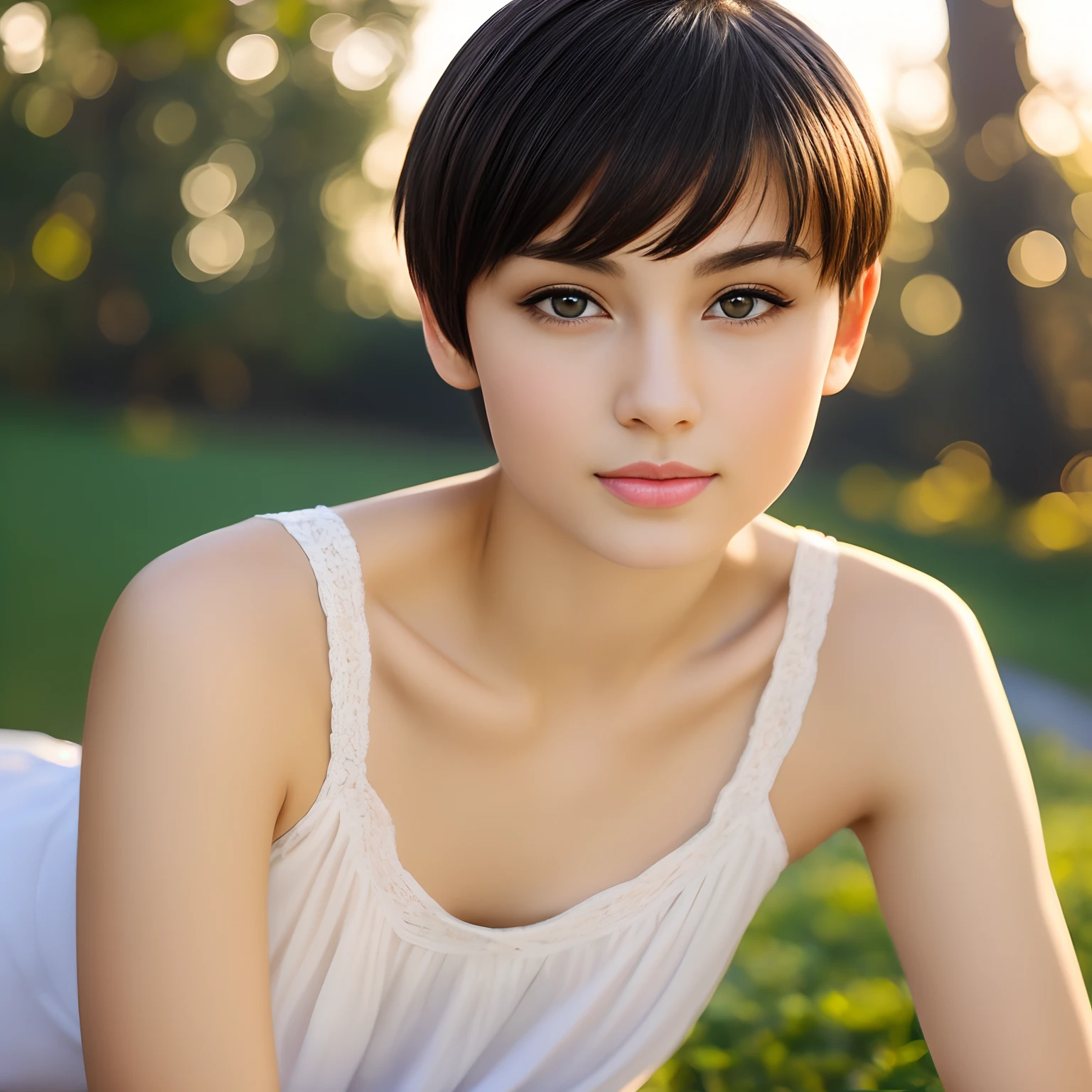a transcendentally beautiful Russian girl who is mixed with Japanese, short hair, skinny face, smooth pale skin, bright eyes, straight nose, glossy plump lips, gentle smile, pure and innocent, very neat, intelligent and elegant, pretty and gorgeous, attractive and charming