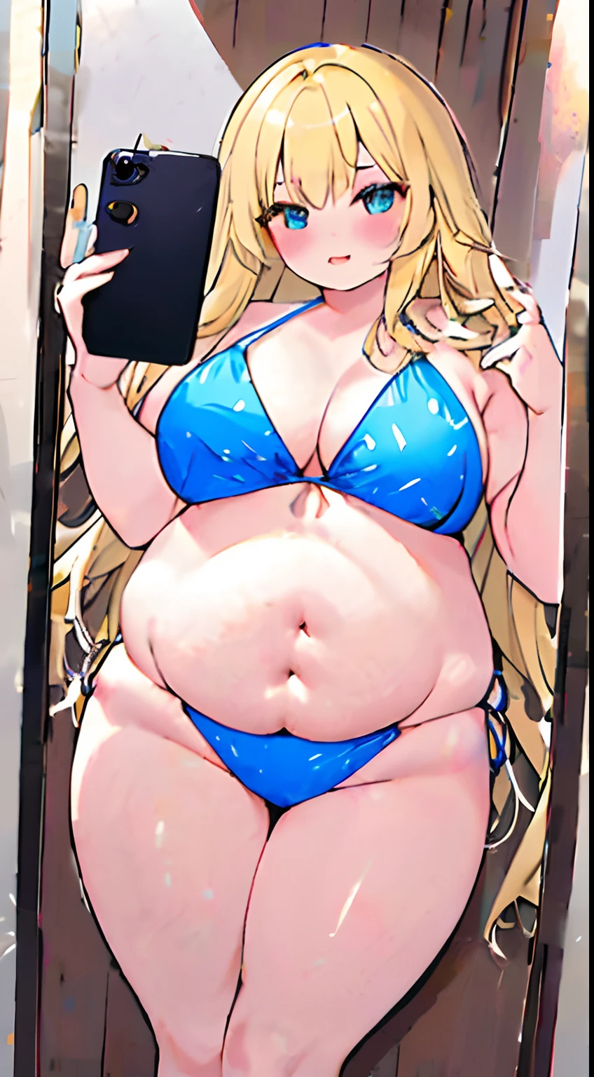 Chubby girl, bikini, normal proportions, blonde long hair, selfie, cute, young adult, nice full big stomach, thick thighs, extremely hot, big body, fat, extremely fat