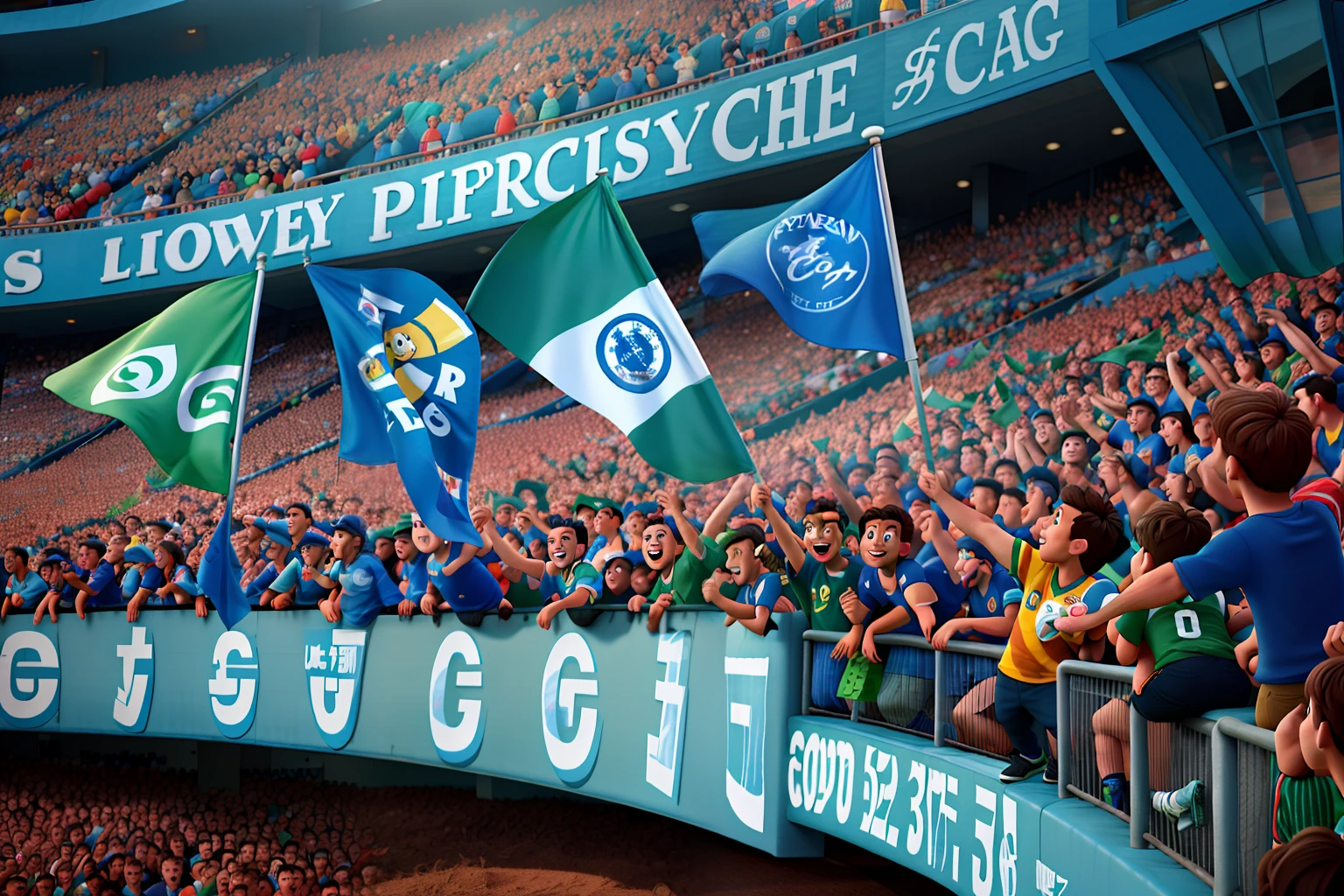 soccer fans waving flags in pixar posster style