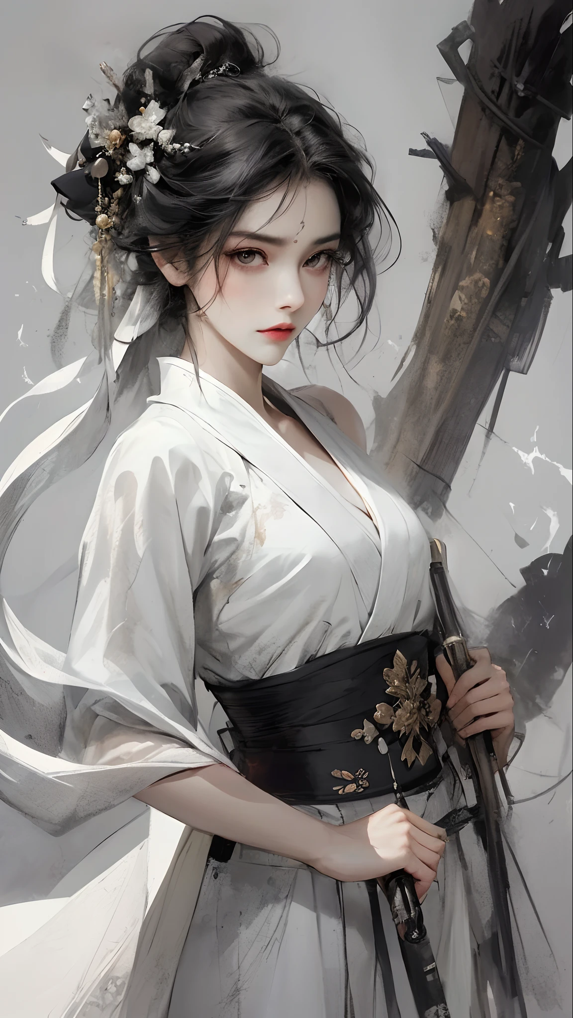 A bust of a woman with black hair and black eyes, a woman, a serious expression, holding a weapon, attack action, dynamic composition, bowed head, Hanfu, white clothes, cold eyes, loose hair, (ink smudge) beautiful character painting, clothing black and white ink style, face delicate color, watercolor, light color, martial arts style, national style, delicate and beautiful face, waist seal, sharp eyes