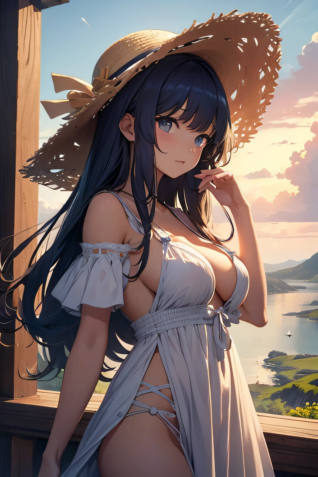 masterpiece、Massive landscape((Mysterious Sea、starrysky、Meteor swarm))、20yr old、a beauty girl、onepiece、huge tit、a straw fedora hat、Farbe々Pose、