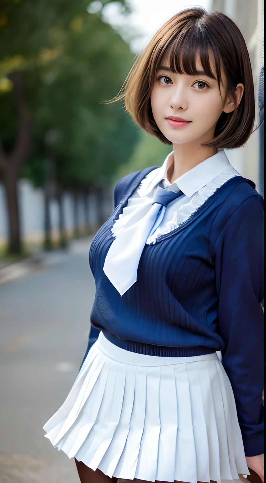 (top-quality、hight resolution、masterpiece:1.3)、Short-cut hairstyles 、Women in Japan 、Short skirt and bow tie、Autumn uniforms、cute school girl、Pendants、plein air、Scenic beauty、Autumn lake and mountains on distant background、Beautiful details of face and skin texture、Eye of Detail、(top-quality、hight resolution、masterpiece)、Beautiful woman with a slim figure、 Pendants